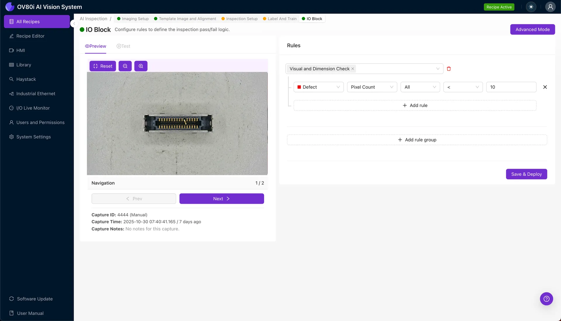 AI-powered visual inspection detecting bent signal contacts in OSFP host connector