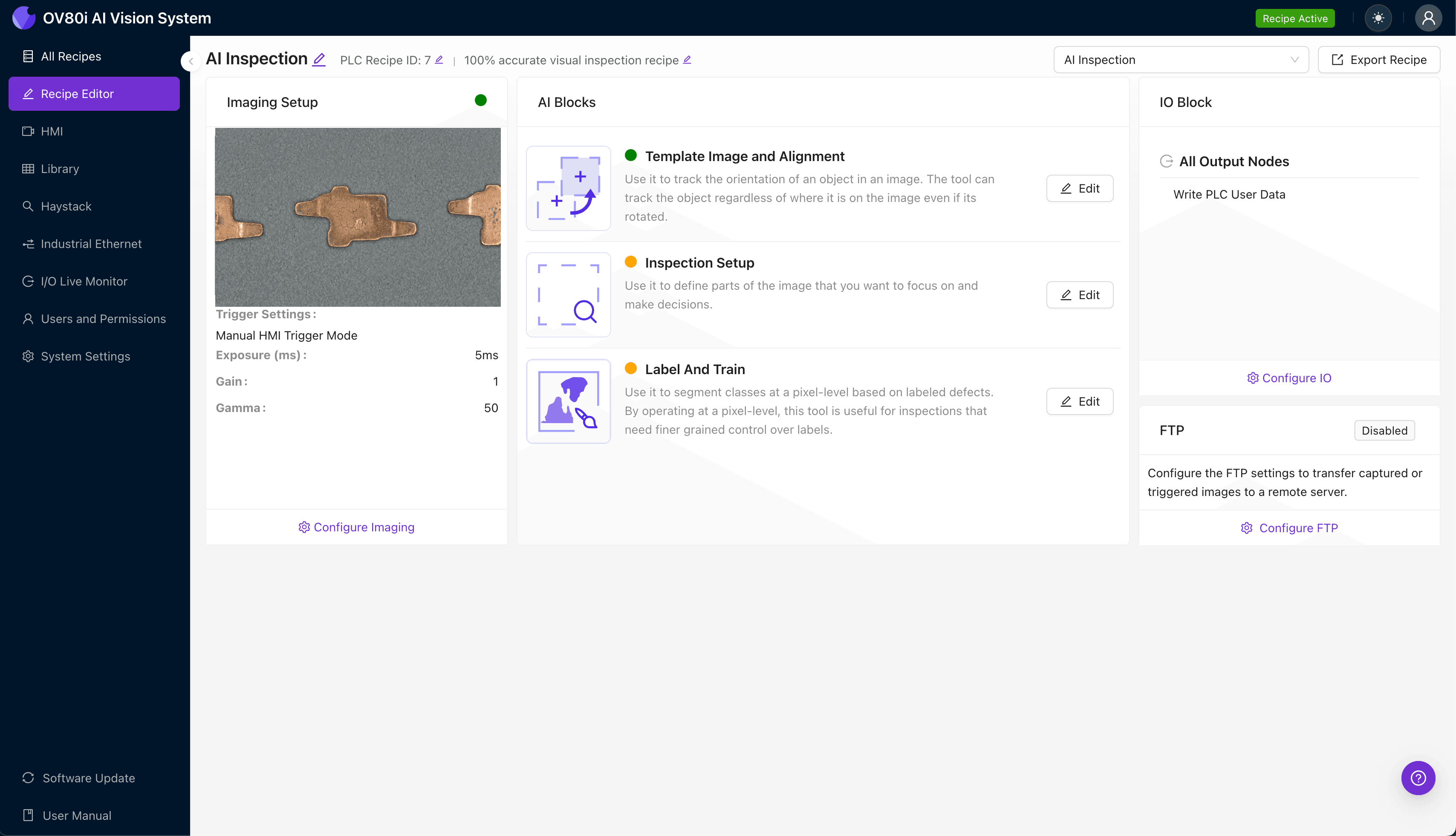 Configuring imaging settings for phosphor bronze contact inspection