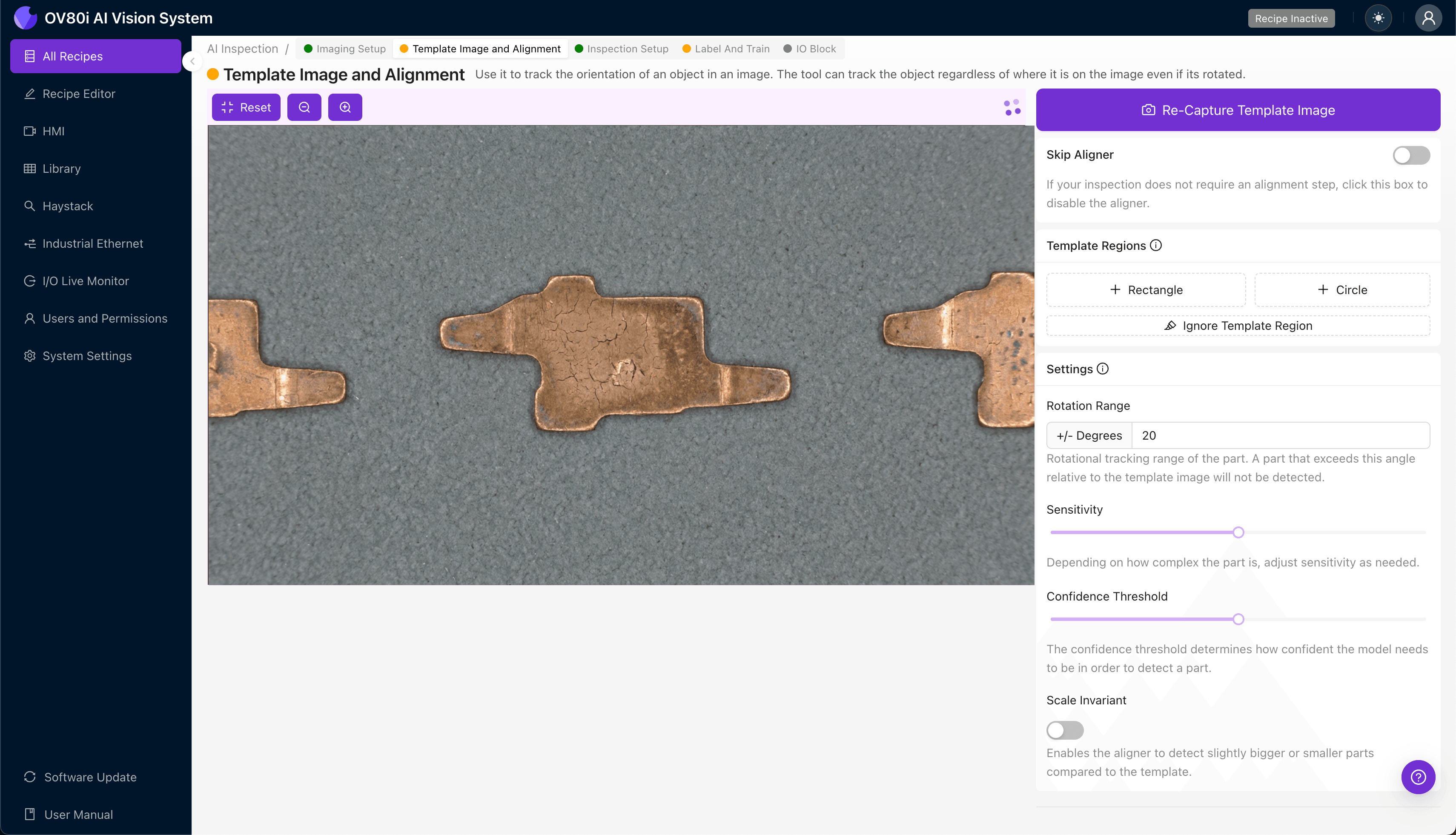 Setting up image alignment template for phosphor bronze contacts