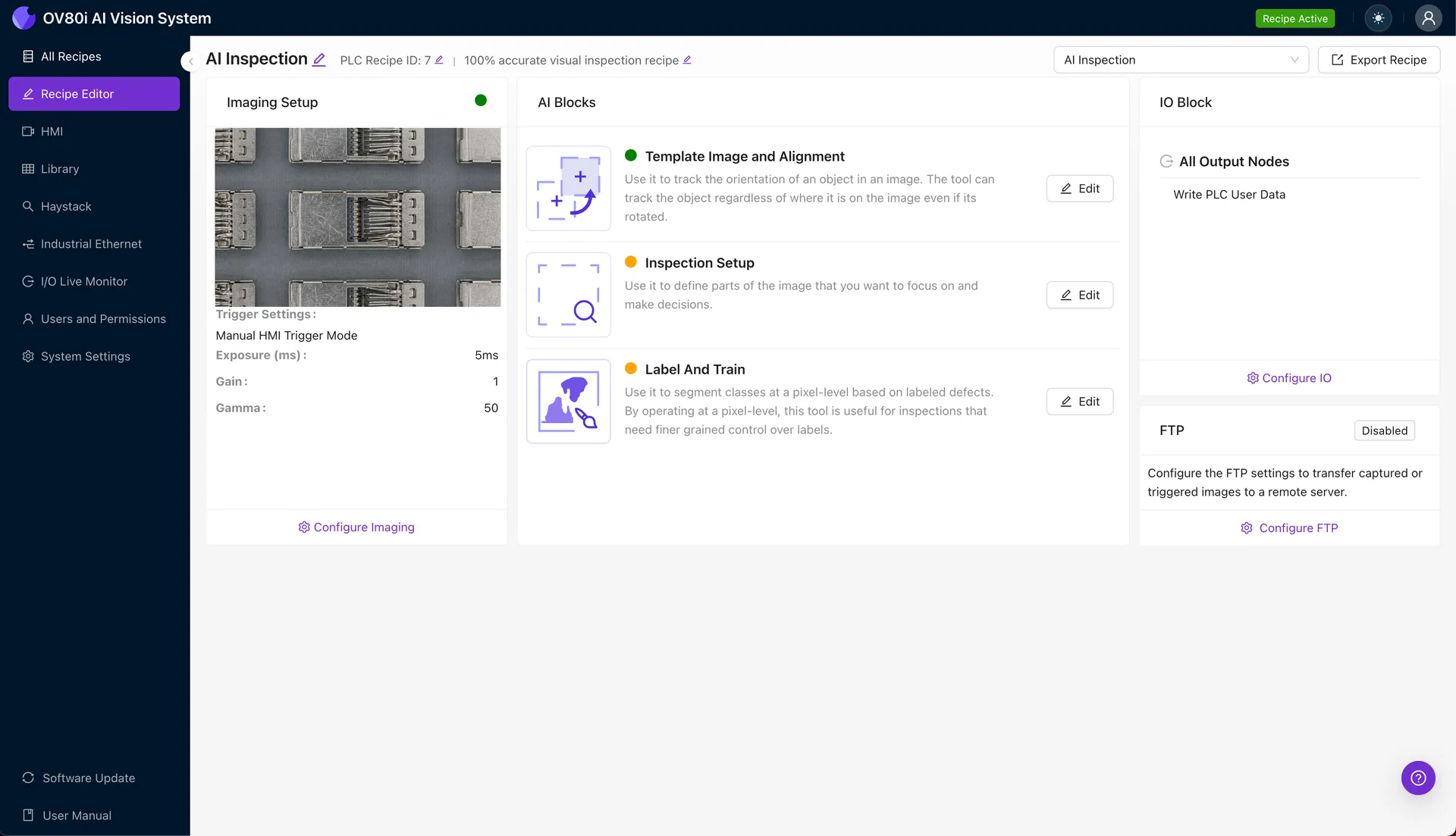 OV80i camera system imaging setup for QSFP-DD cage inspection