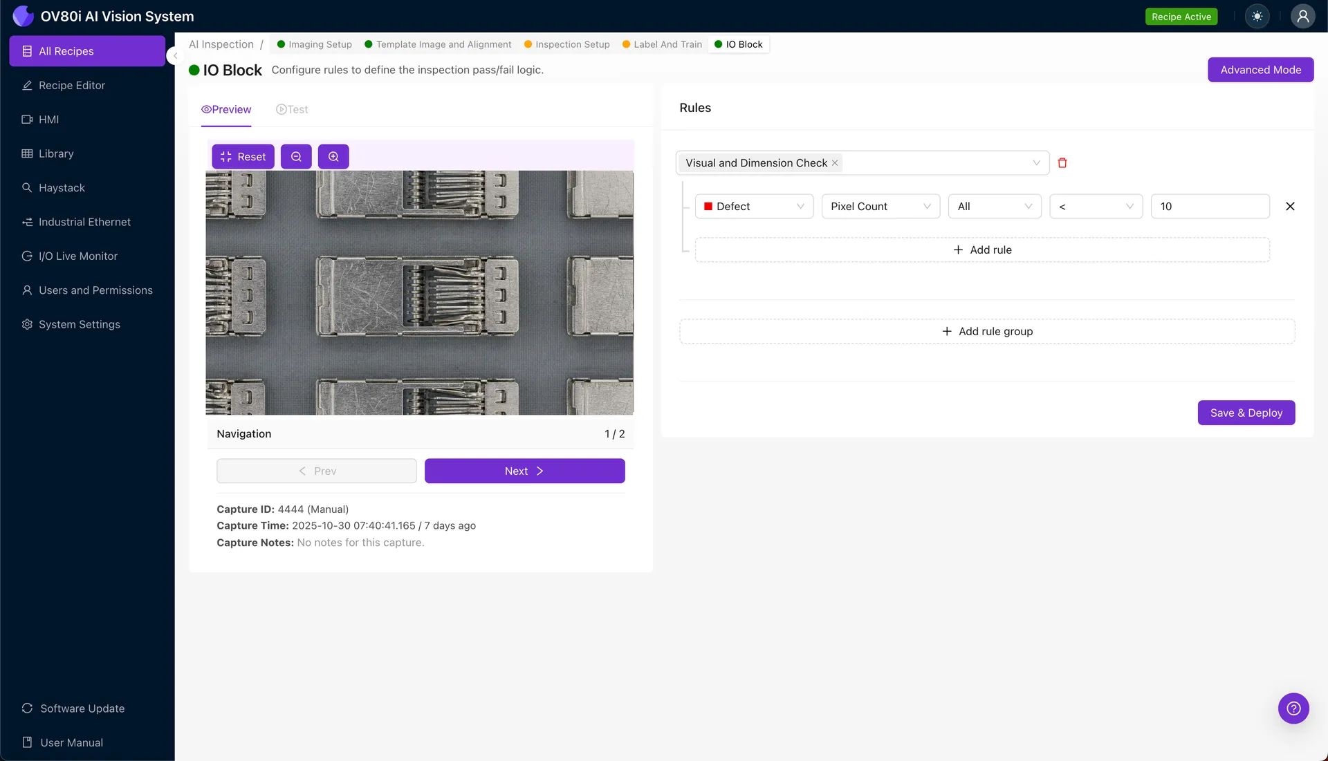 AI visual inspection detecting crushed EMI spring finger in QSFP-DD cage