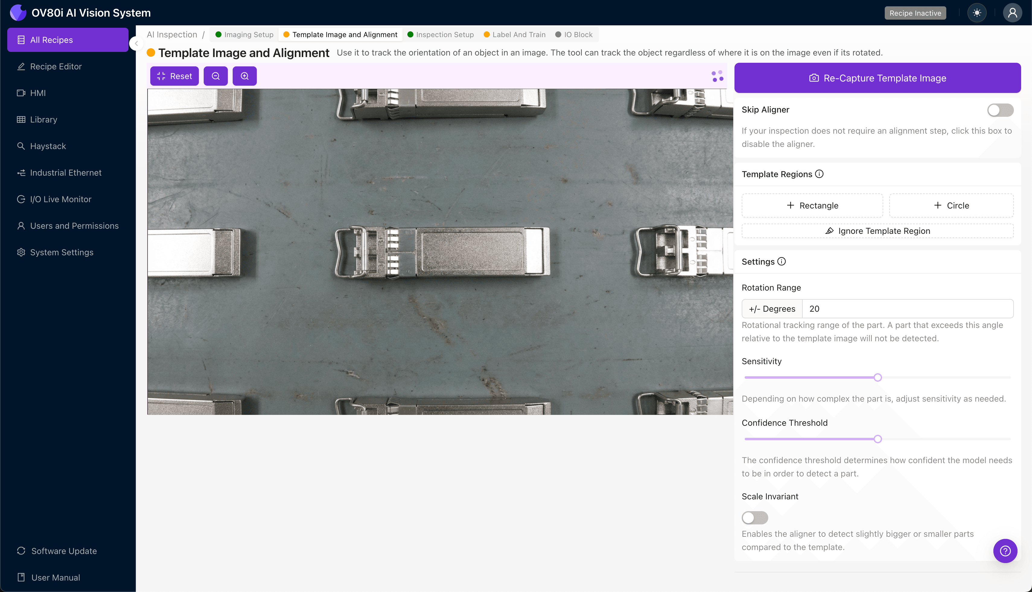 Template alignment configuration for SFP+ cage inspection