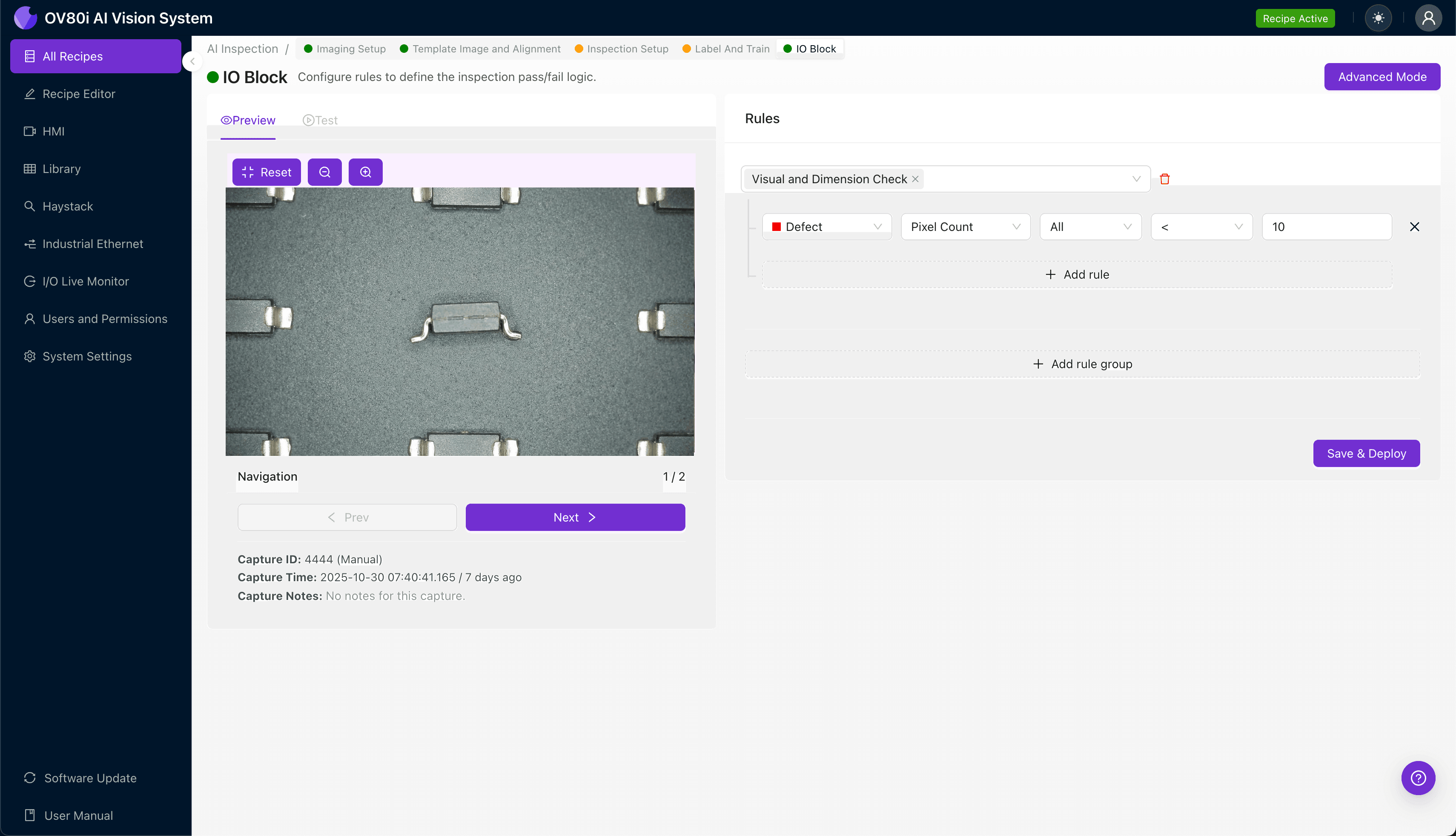 AI-powered visual inspection system detecting coplanarity deviations on SMT gullwing leads