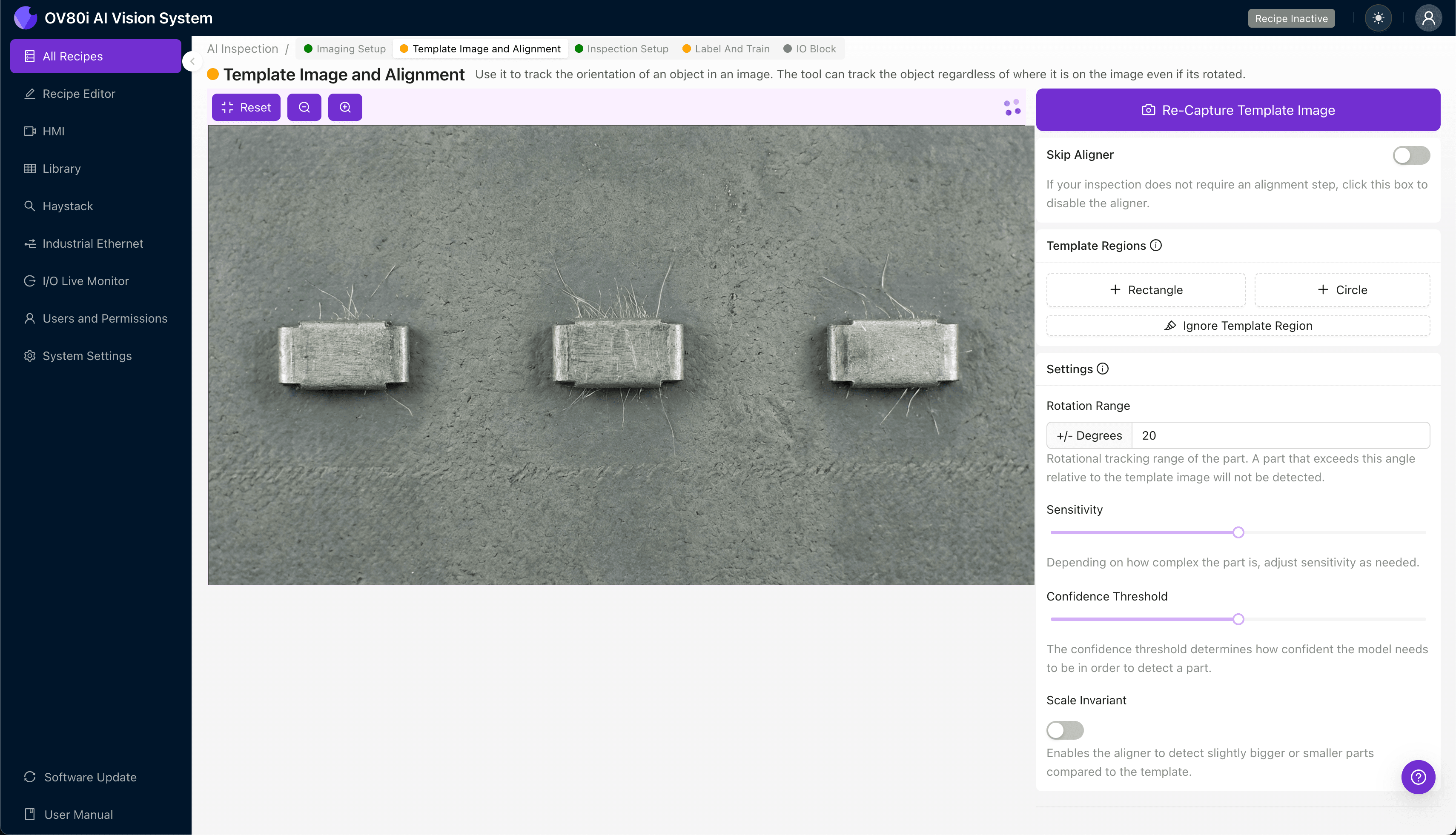 Template alignment configuration for tin-plated terminal inspection