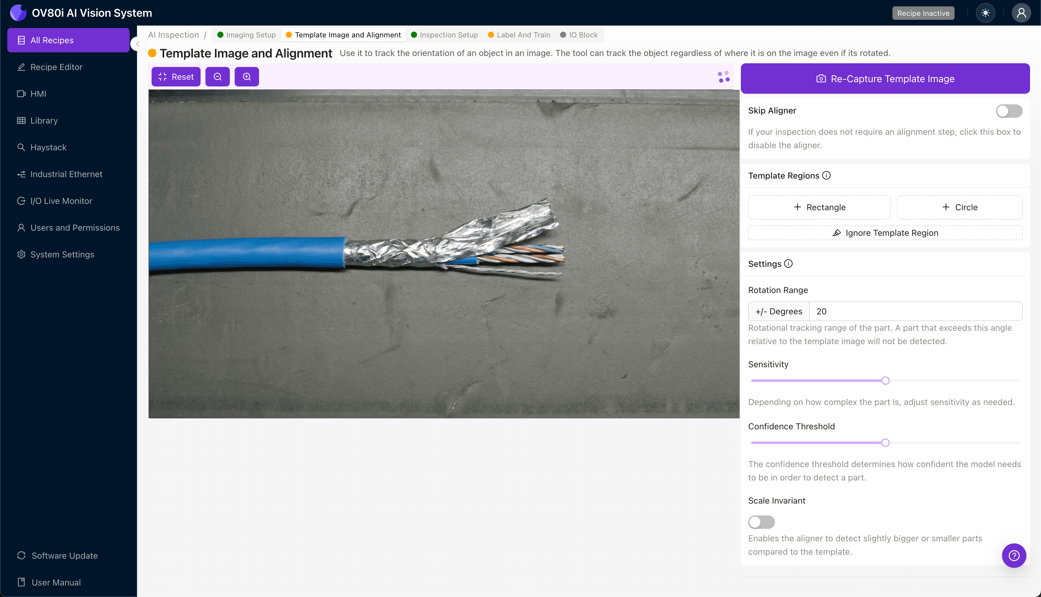 Template image alignment configuration for Twinax cable inspection