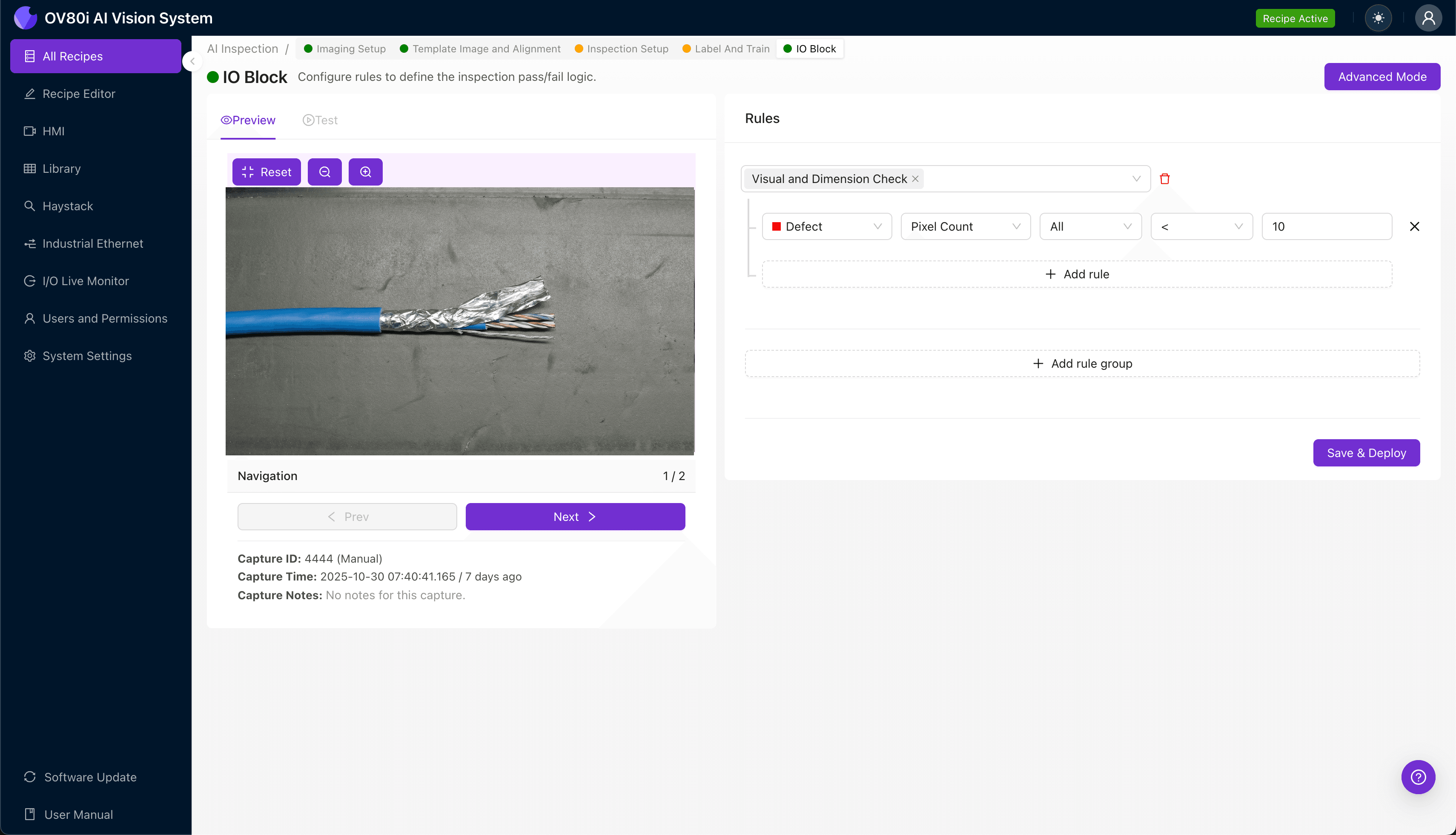 AI-powered visual inspection detecting kinked foil shield defects on Twinax cable