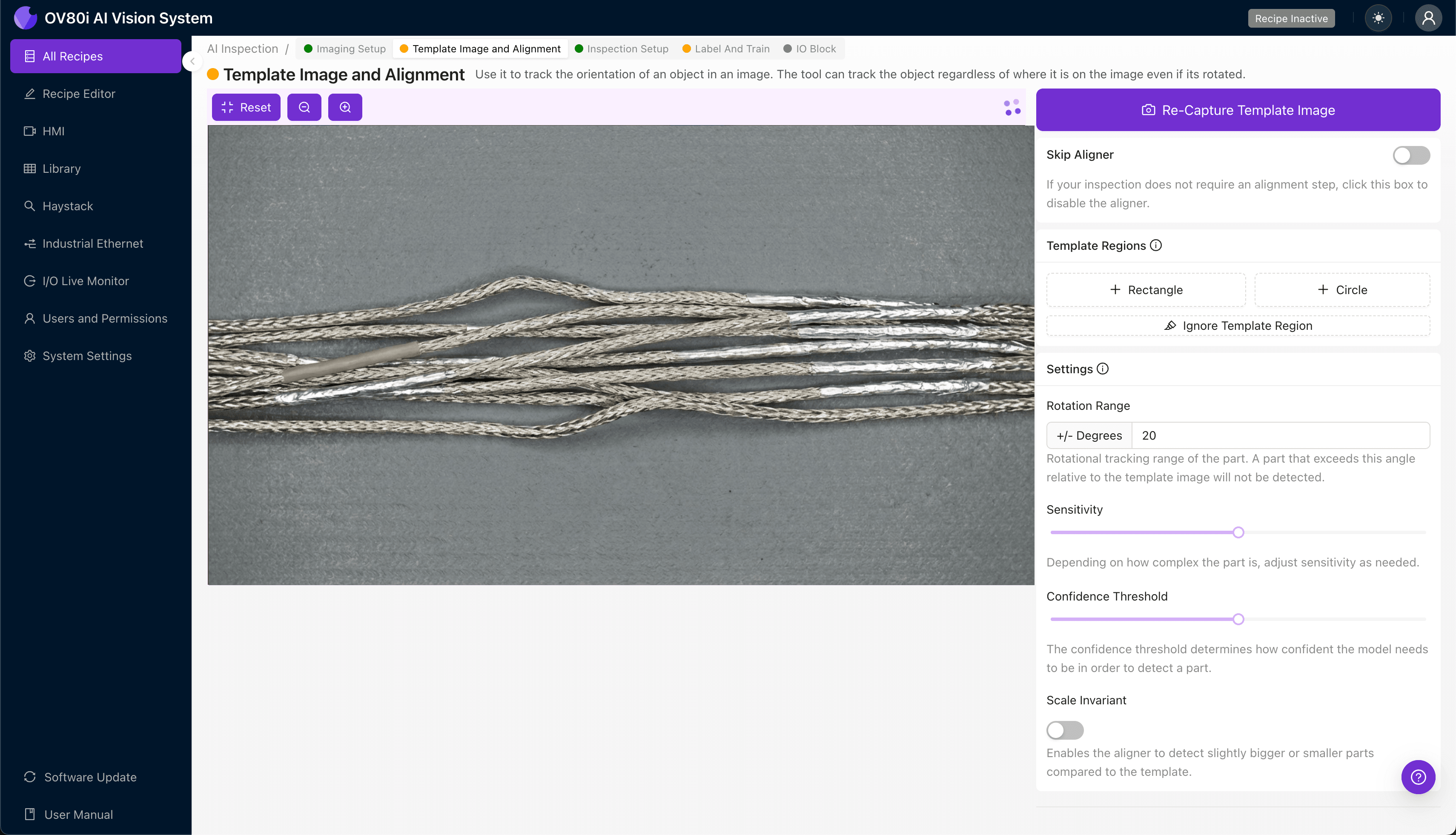 Template image alignment configuration for twinax cable inspection
