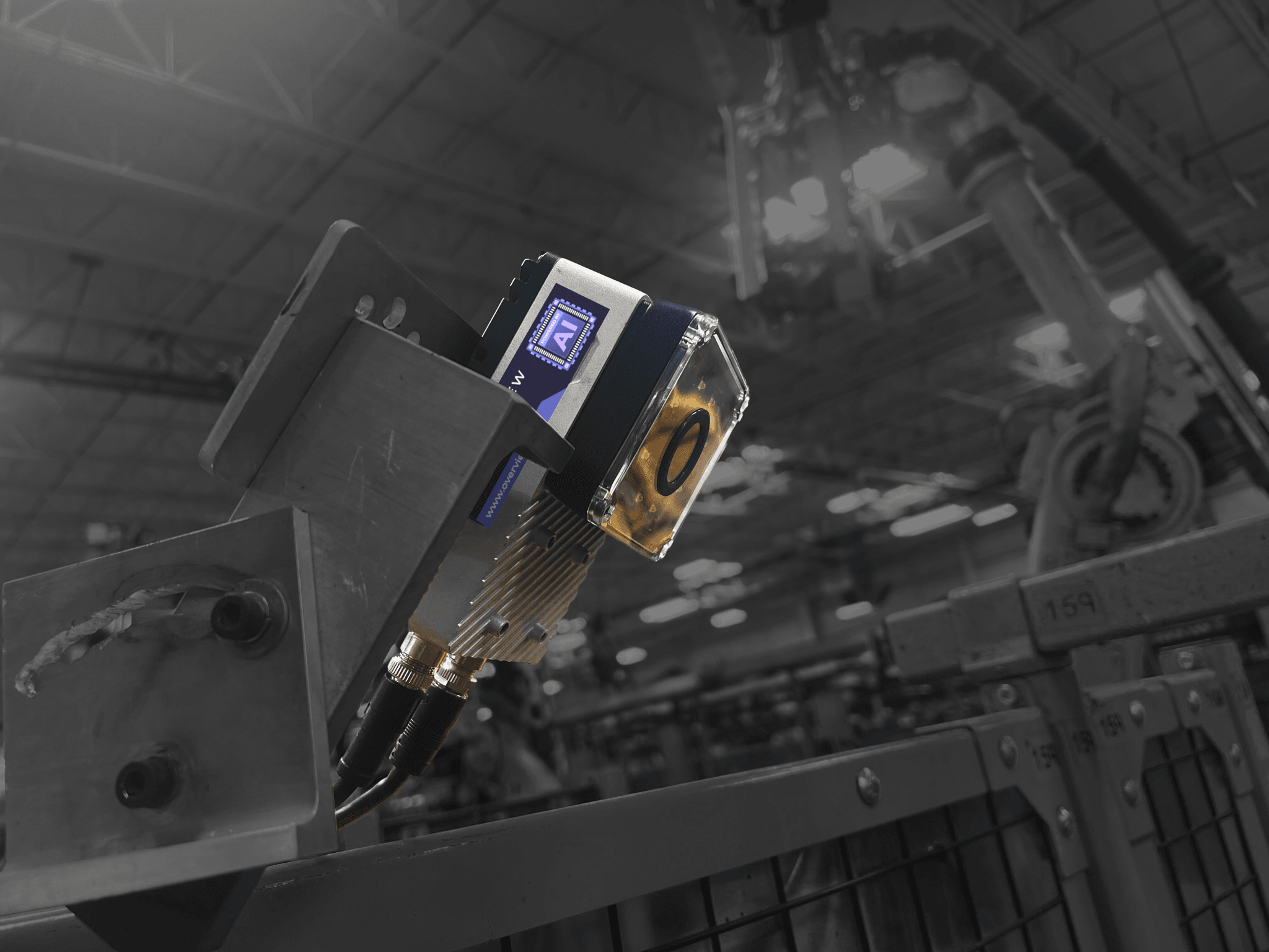 Overview AI smart camera mounted and inspecting parts on a production line