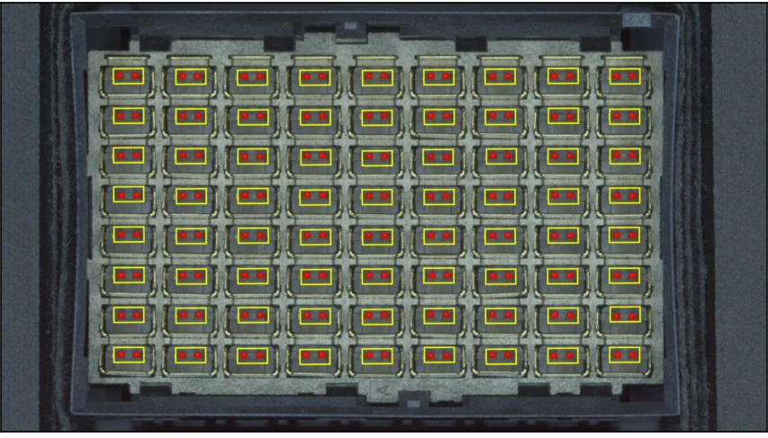 Connector pin field with a region of interest box on every pin and markers on every detected tip feature