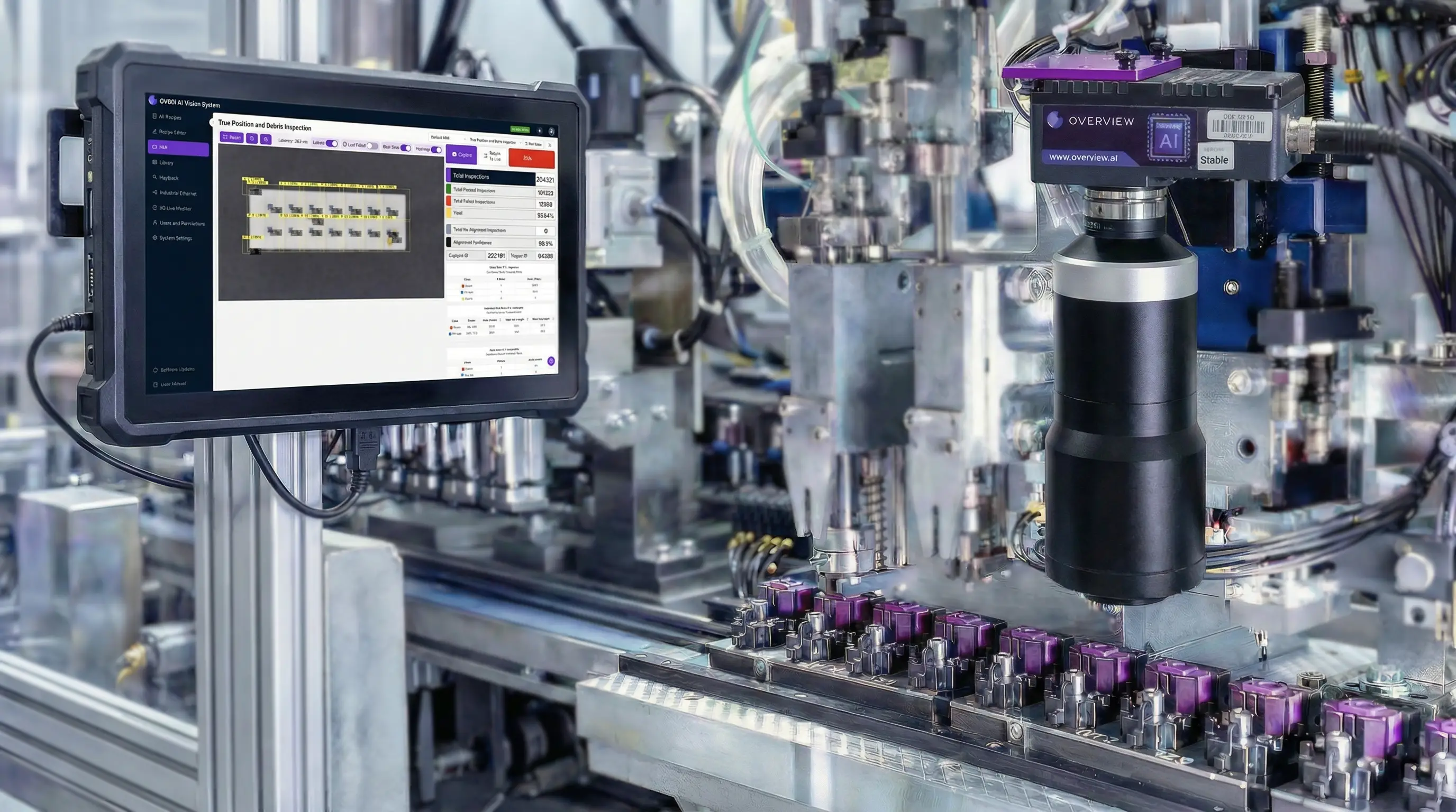 An inspection station with a C-mount lens imaging connectors on a production line