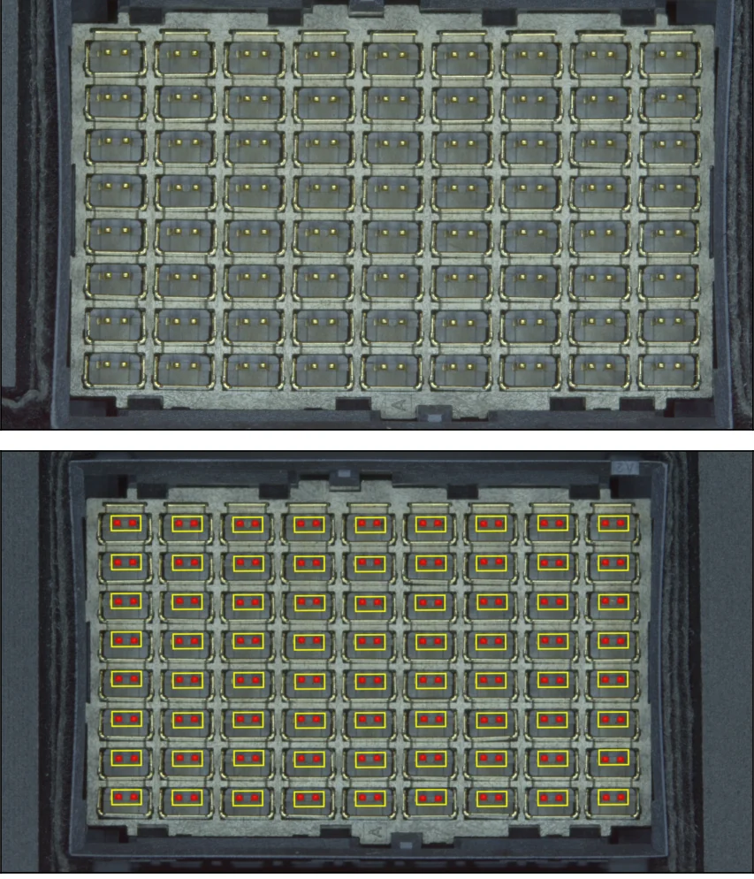 Raw capture of a connector pin field above the same capture with a region of interest box on every pin and markers on every detected tip feature