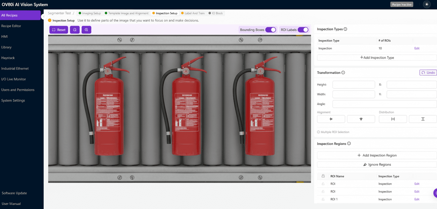 AI computer vision system performing a visual inspection on a fire extinguisher, checking the pressure gauge and tamper seal for compliance.