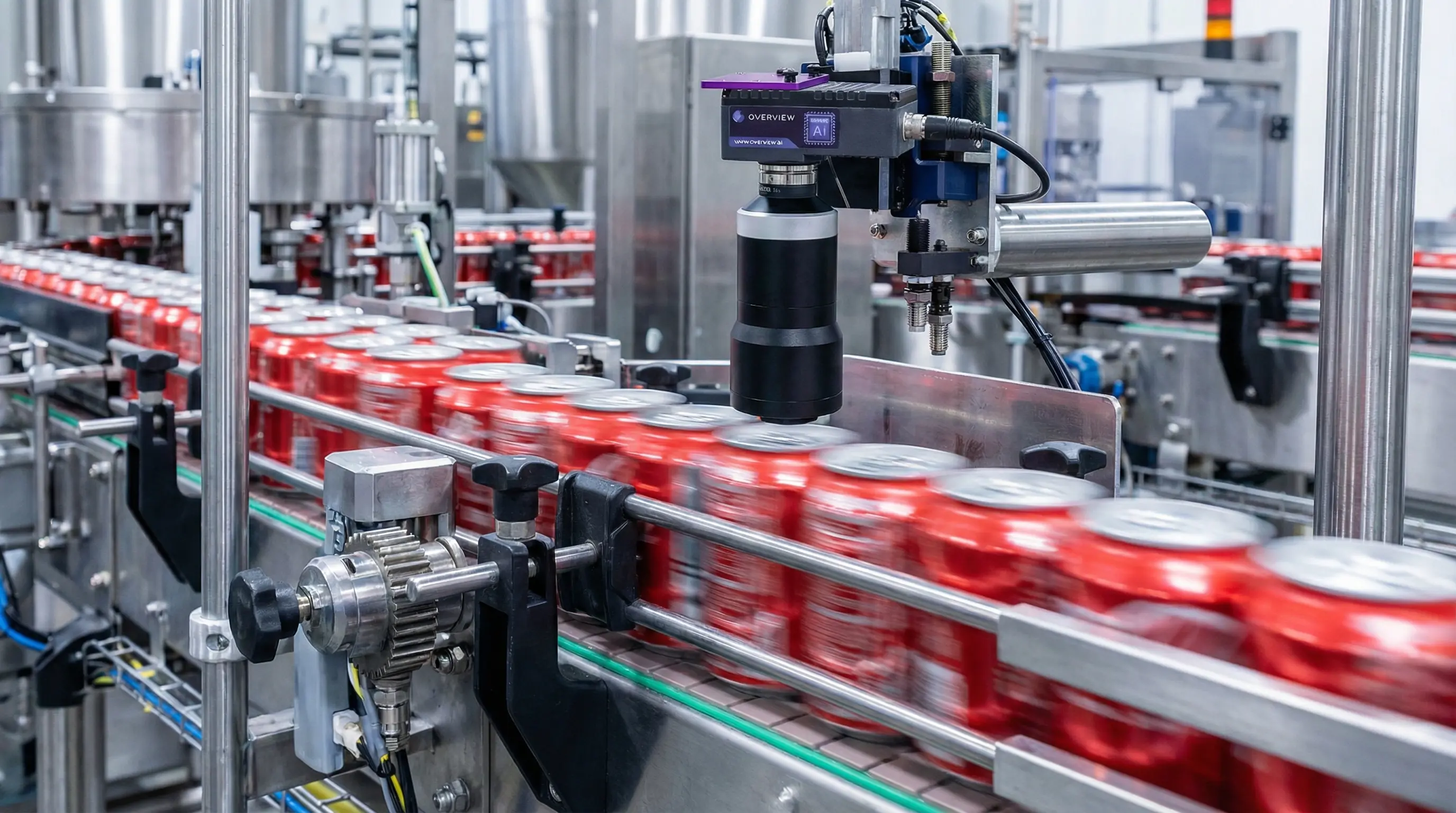 AI vision system inspecting beverage cans at high speed on production line