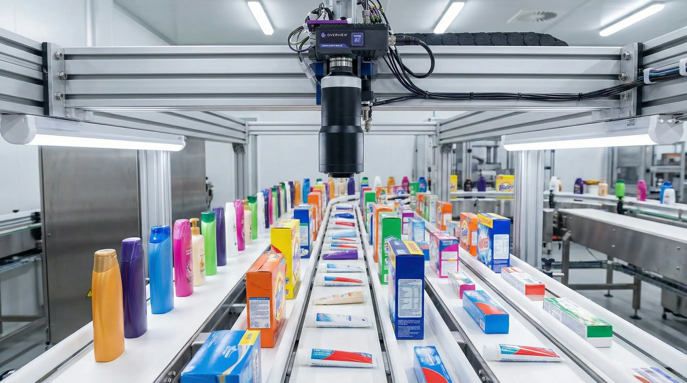Sistema de visión AI inspeccionando productos de consumo masivo en línea de producción
