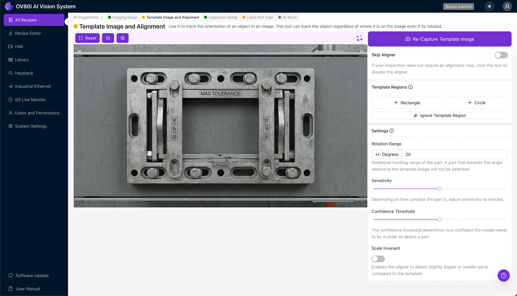 Setting up template image alignment for alignment frame inspection