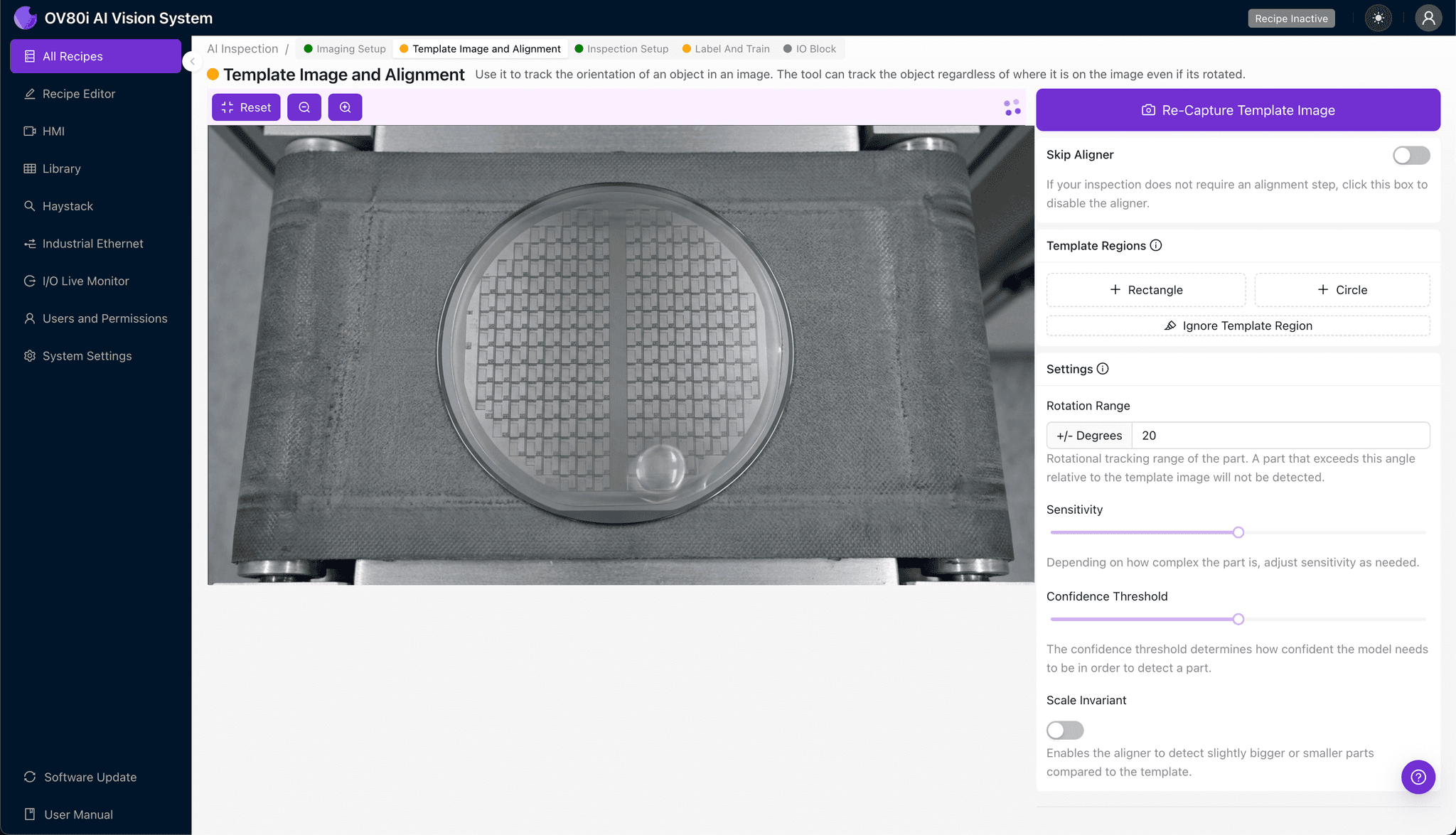Template image alignment configuration for backplane wafer with alignment region highlighted