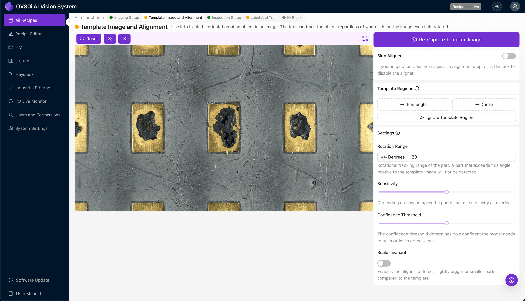 Template alignment configuration for PCB surface mount pad inspection