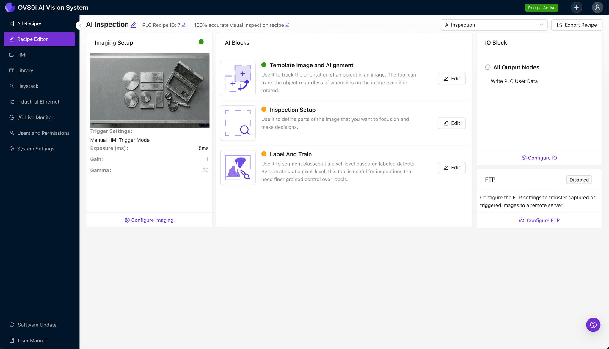 Configuring imaging settings for calibration kit reference surface inspection