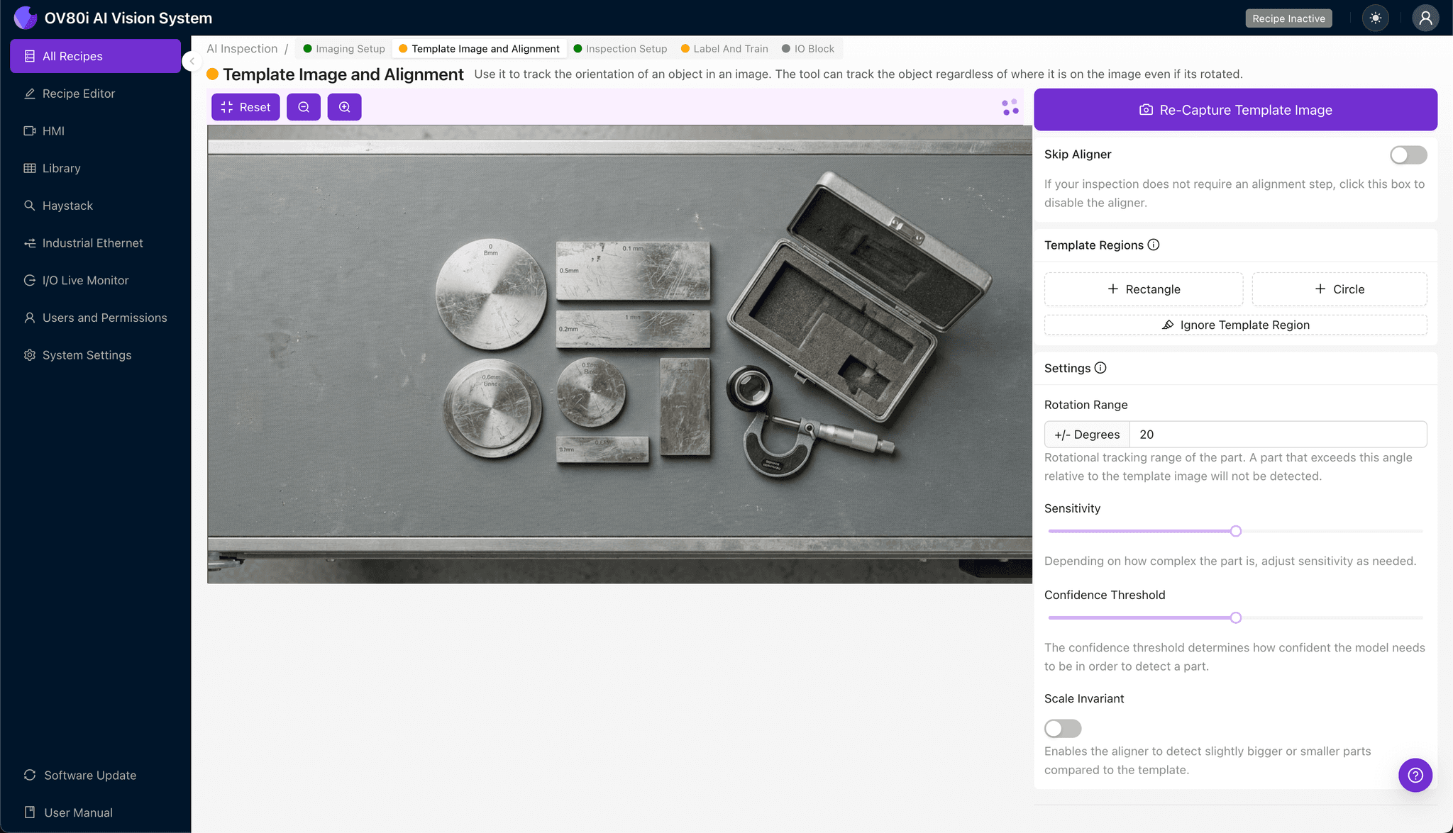 Setting up template alignment for calibration kit positioning