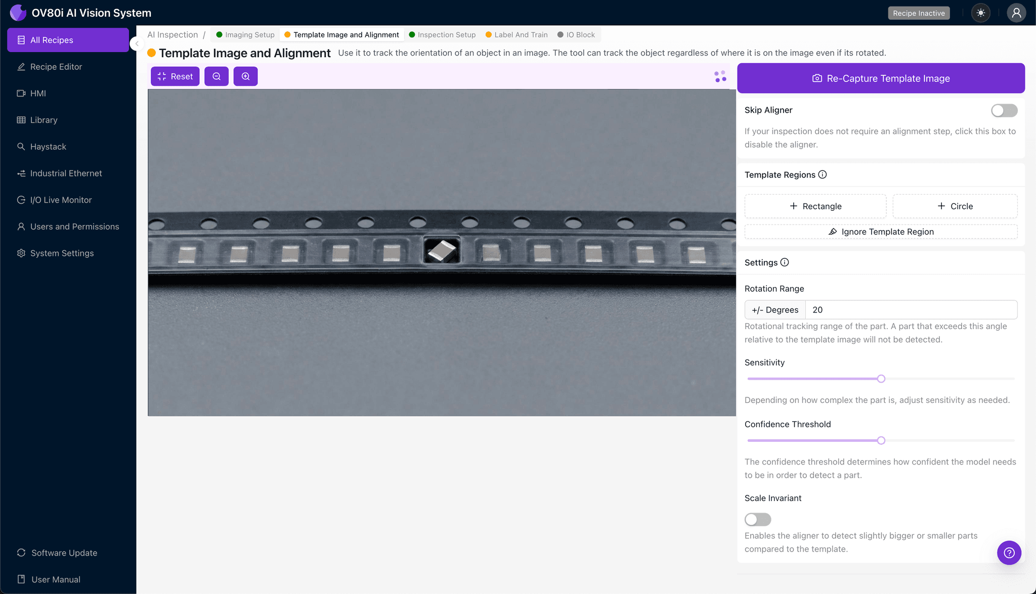 Template image alignment configuration for carrier tape component positioning