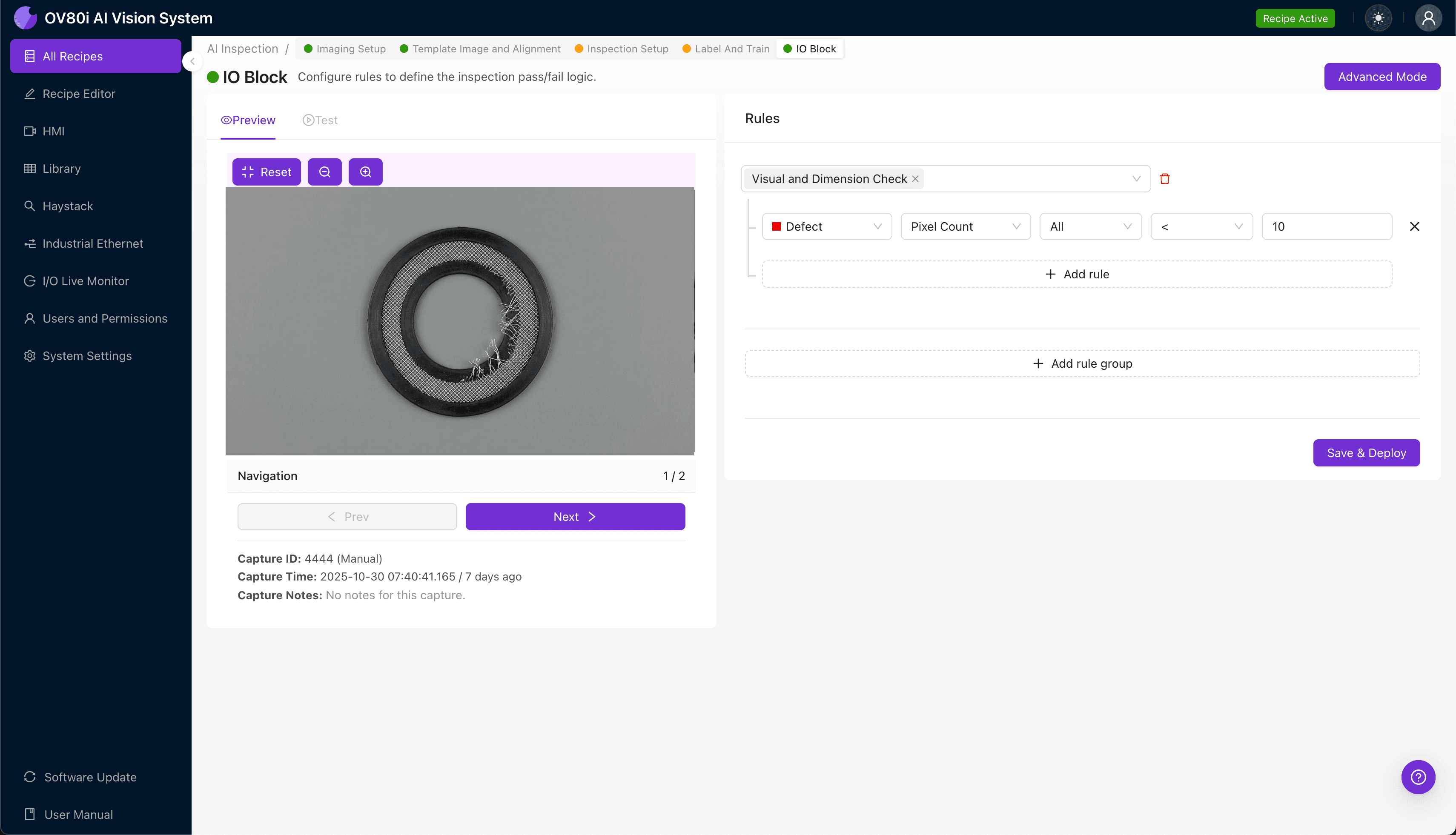 AI visual inspection system analyzing connector gasket conductive layer for tears and defects
