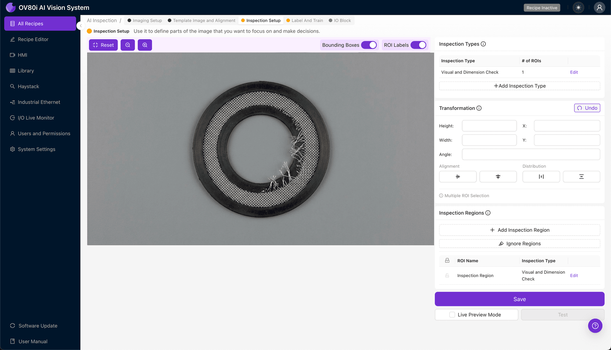 Data labeling interface showing good and bad connector gasket examples with conductive layer defects