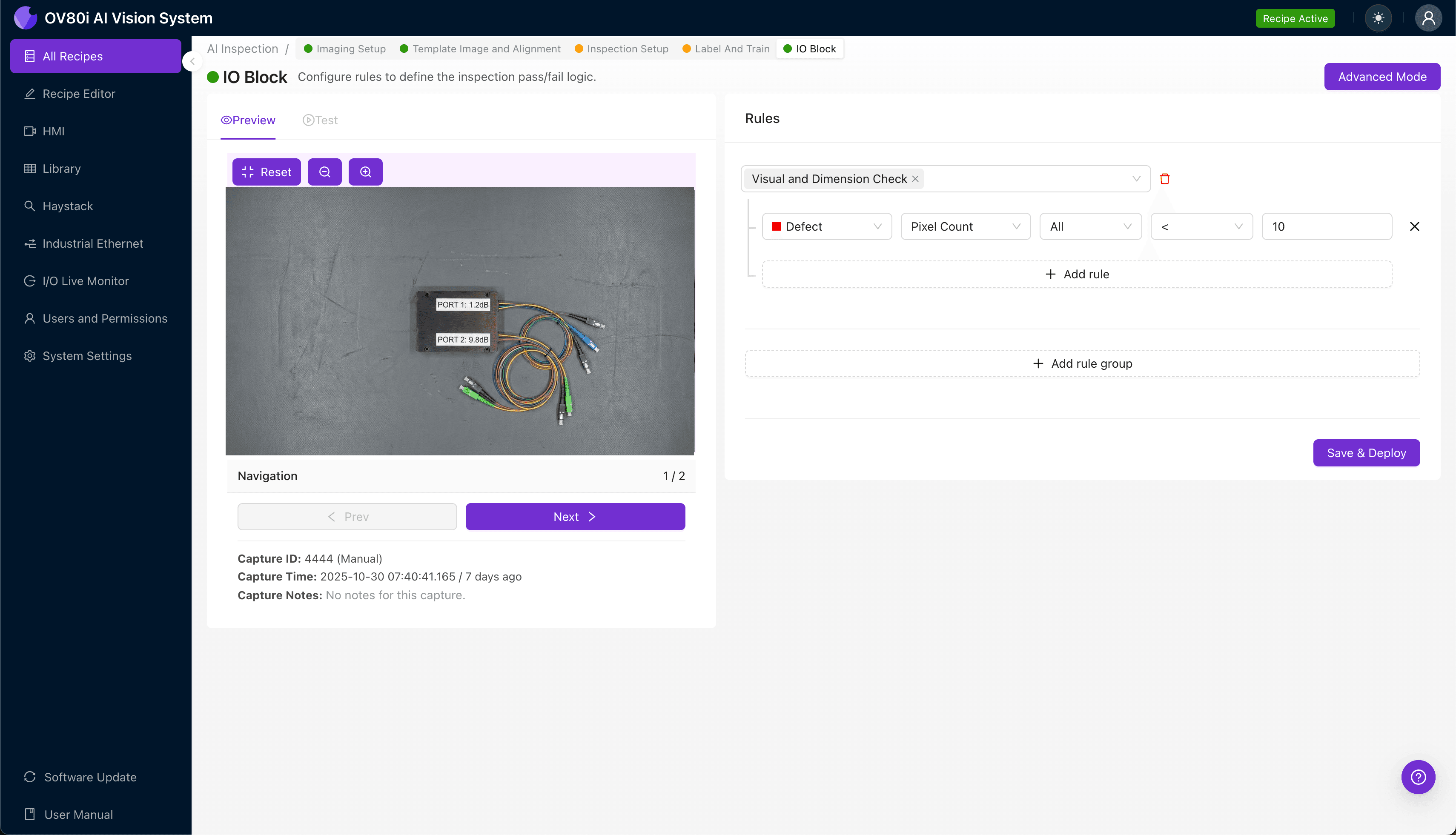 Overview.ai inspection interface showing fiber splitter inspection regions for detecting imbalanced insertion loss defects