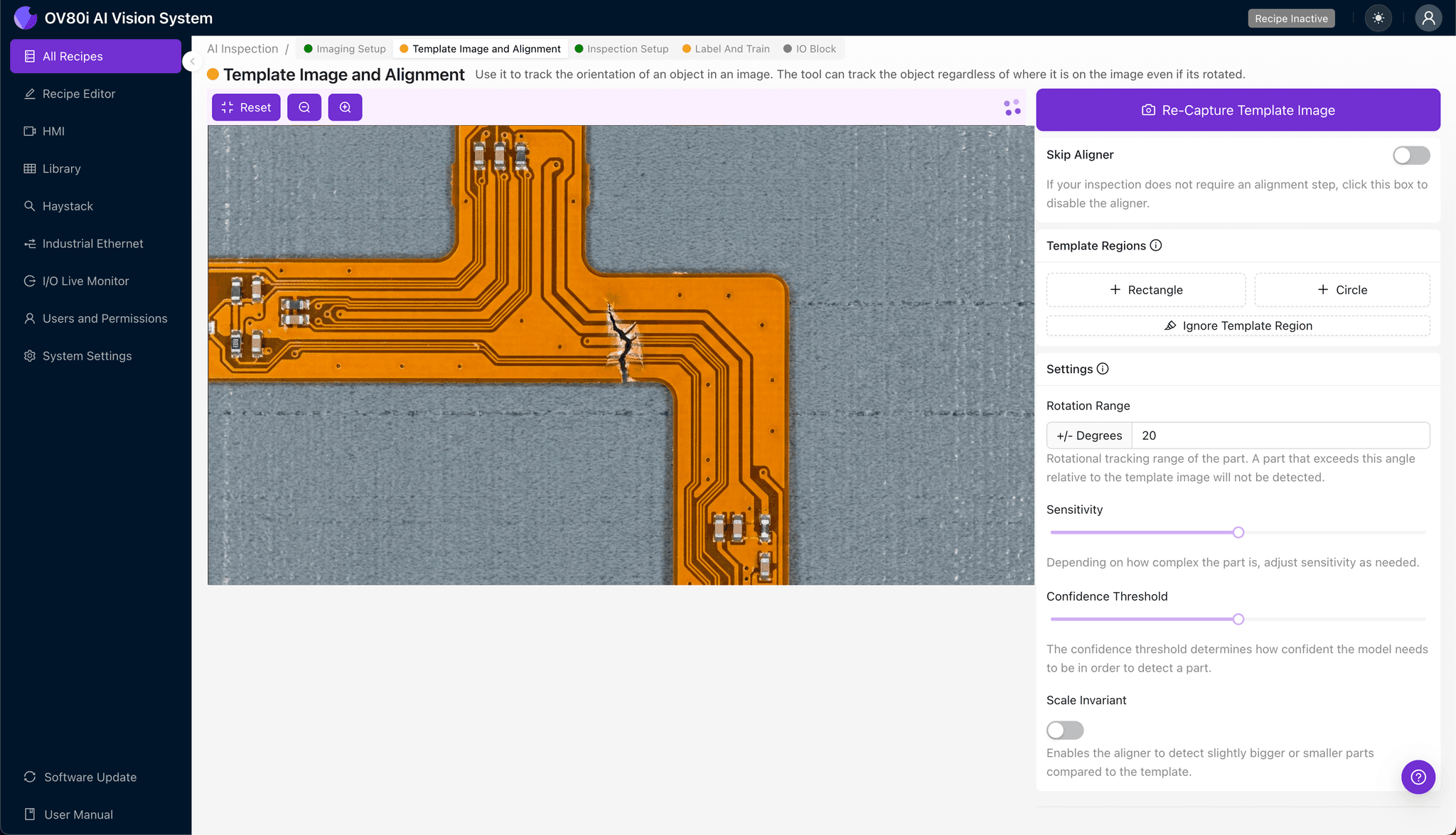 Template image alignment configuration for flexible printed circuit inspection