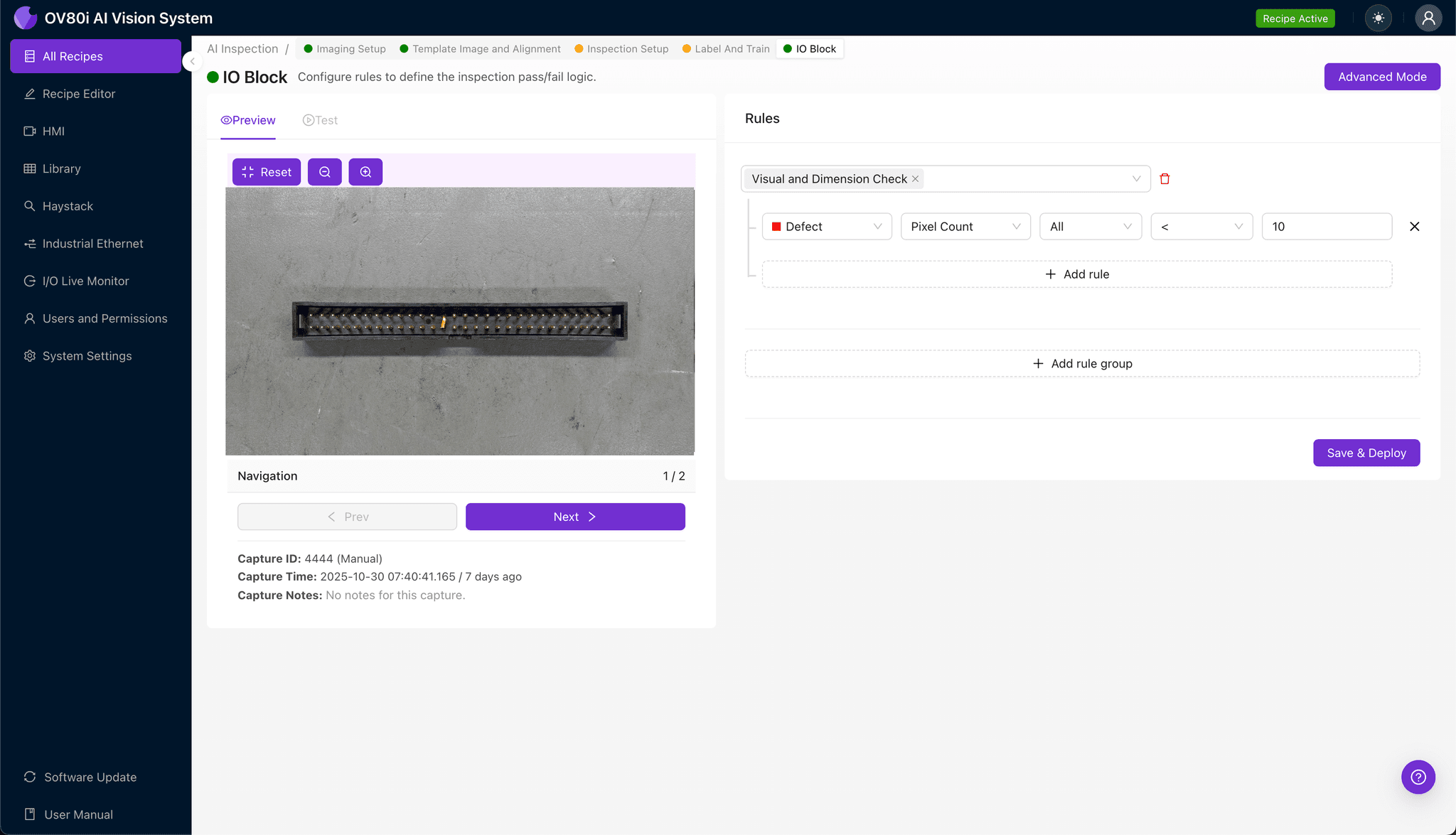 Inspection region selection highlighting stubbed pin array and housing areas