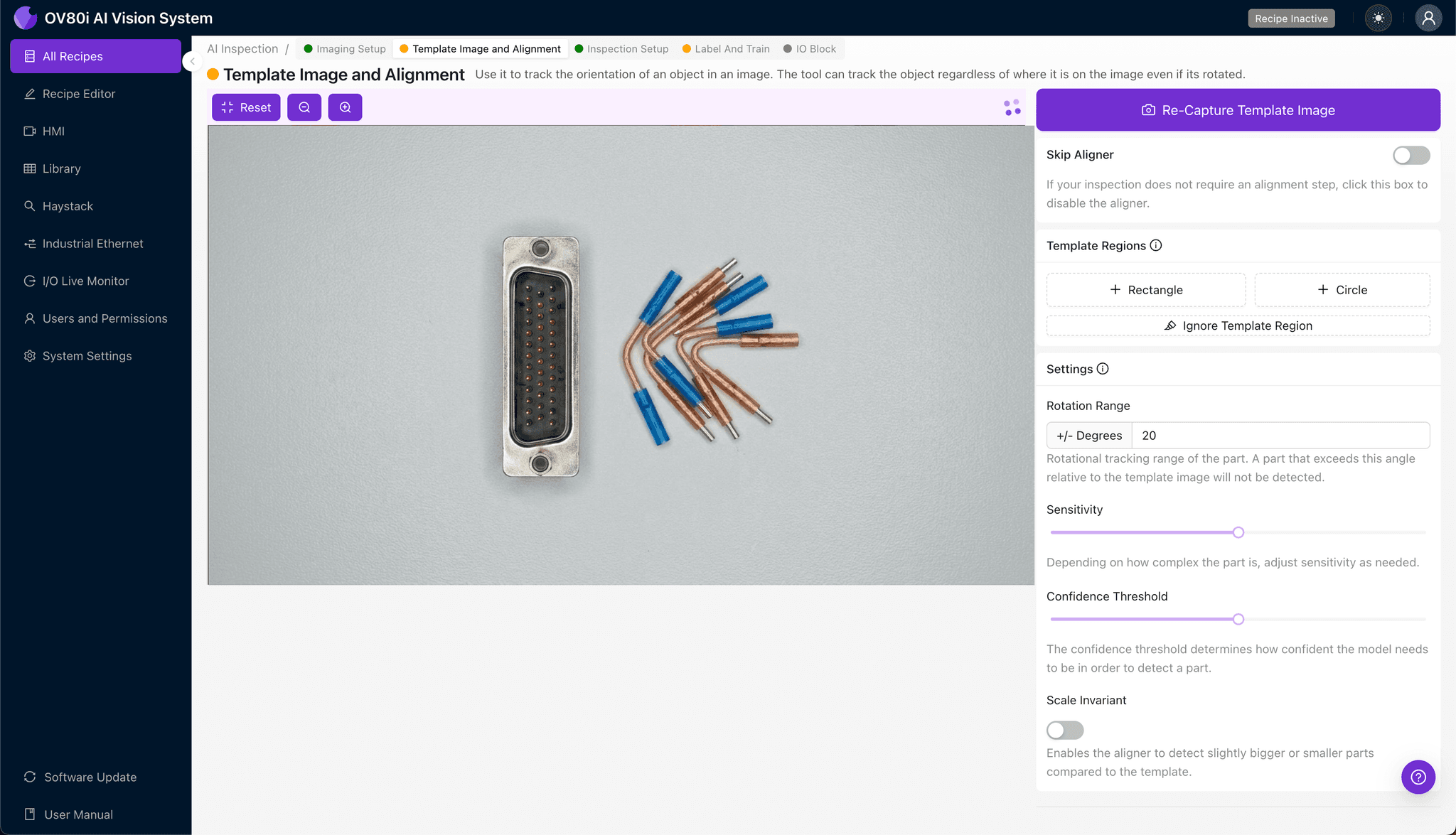 Template alignment configuration for D-sub connector with rotation range settings