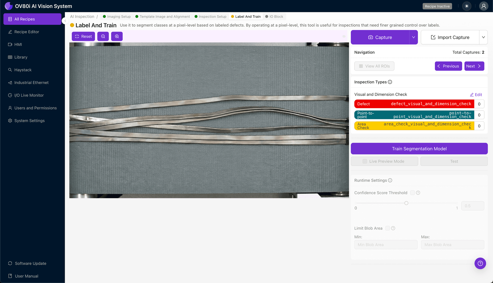 Rule configuration interface showing pass/fail thresholds for thermal skew inspection