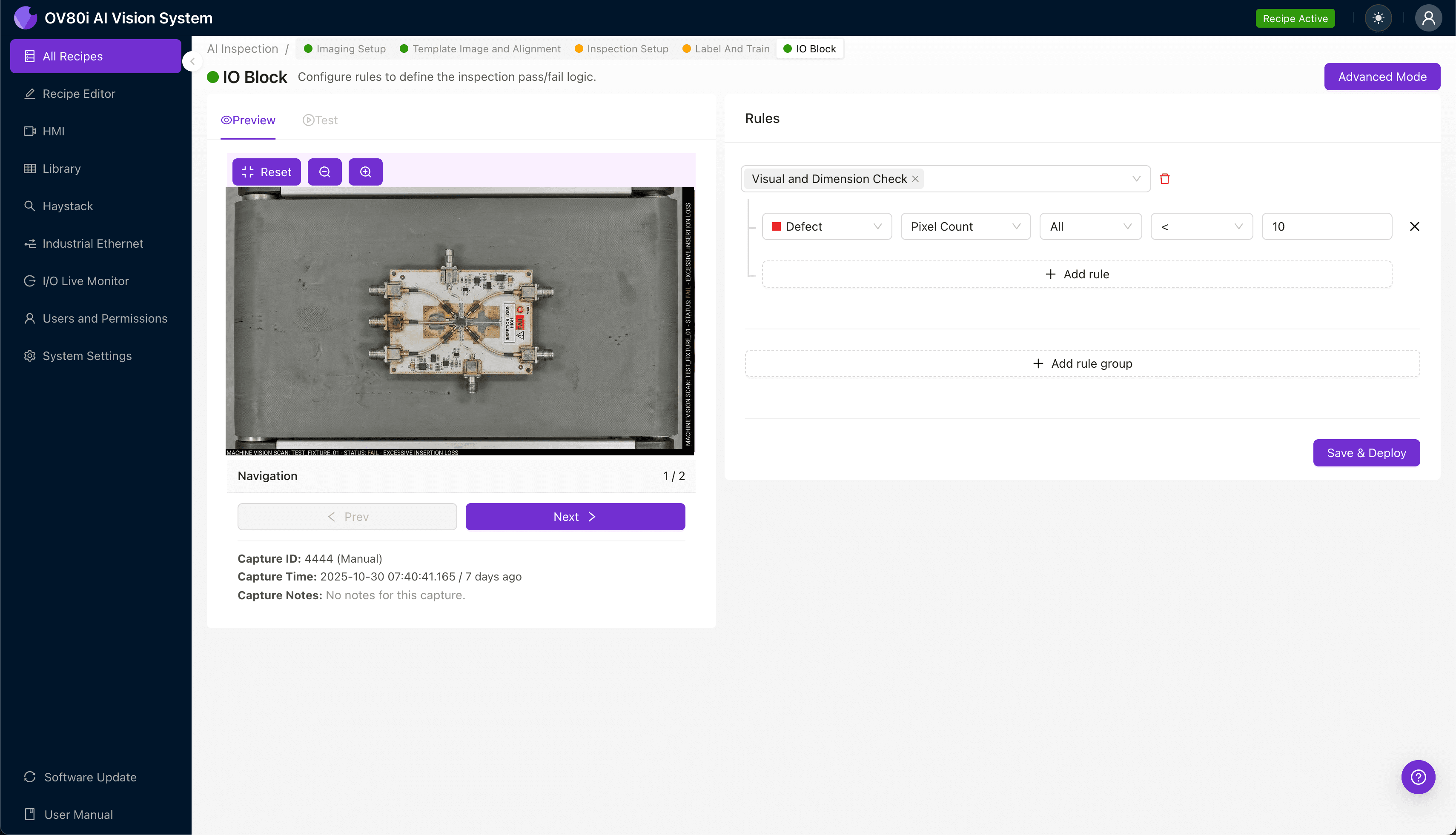 AI-powered visual inspection of high-speed test fixture showing insertion loss defect detection regions