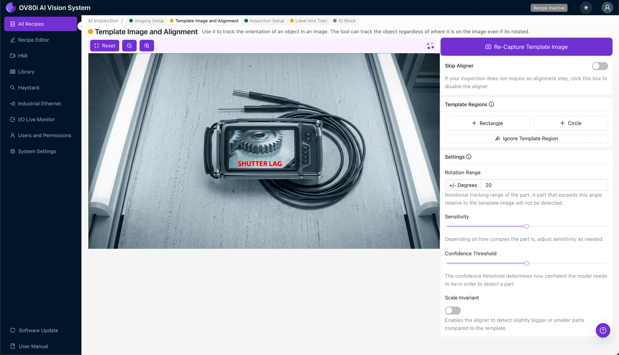 Setting up image alignment template for consistent inspection despite shutter lag