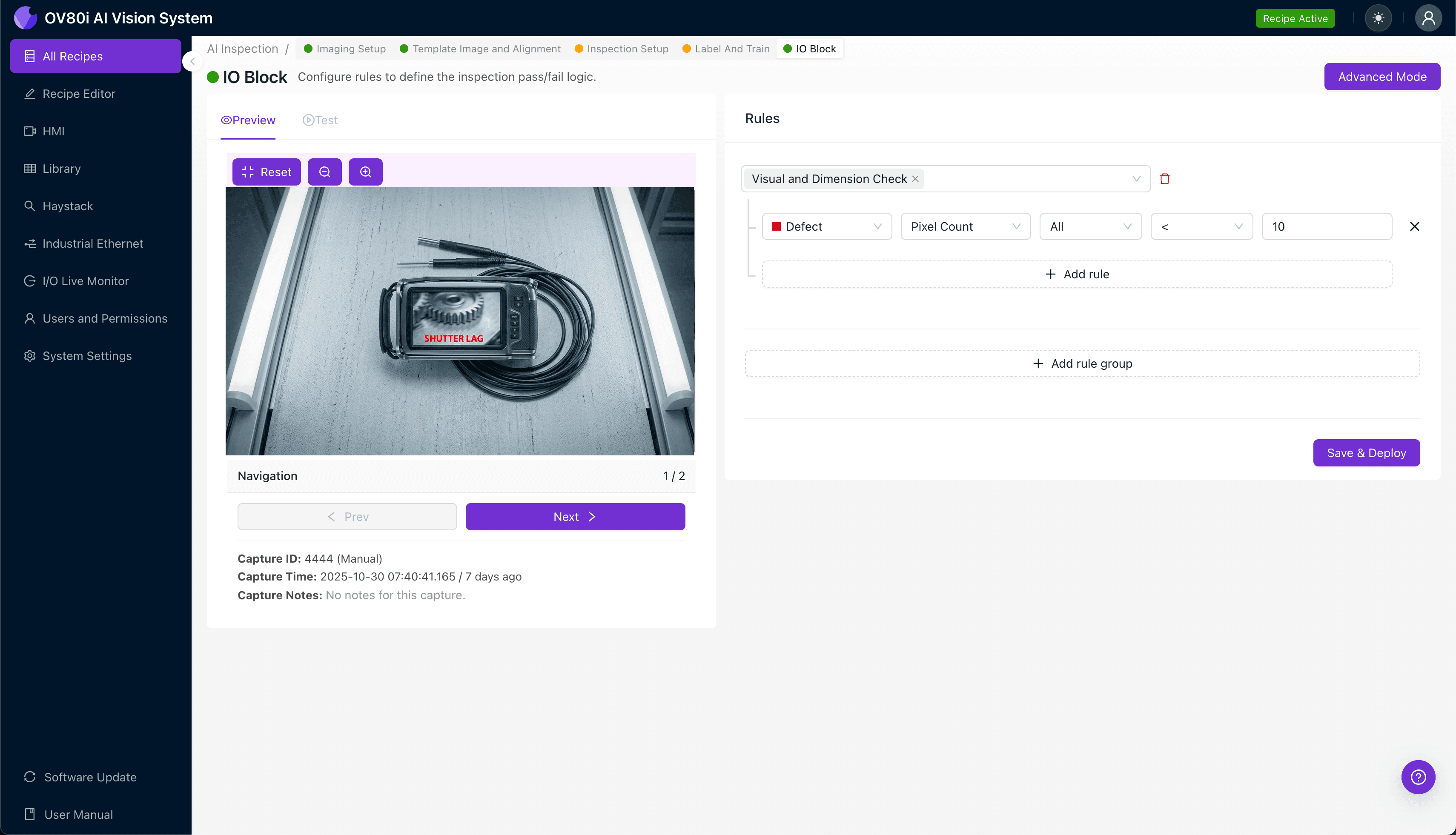 AI-powered inspection system compensating for camera shutter lag in manufacturing