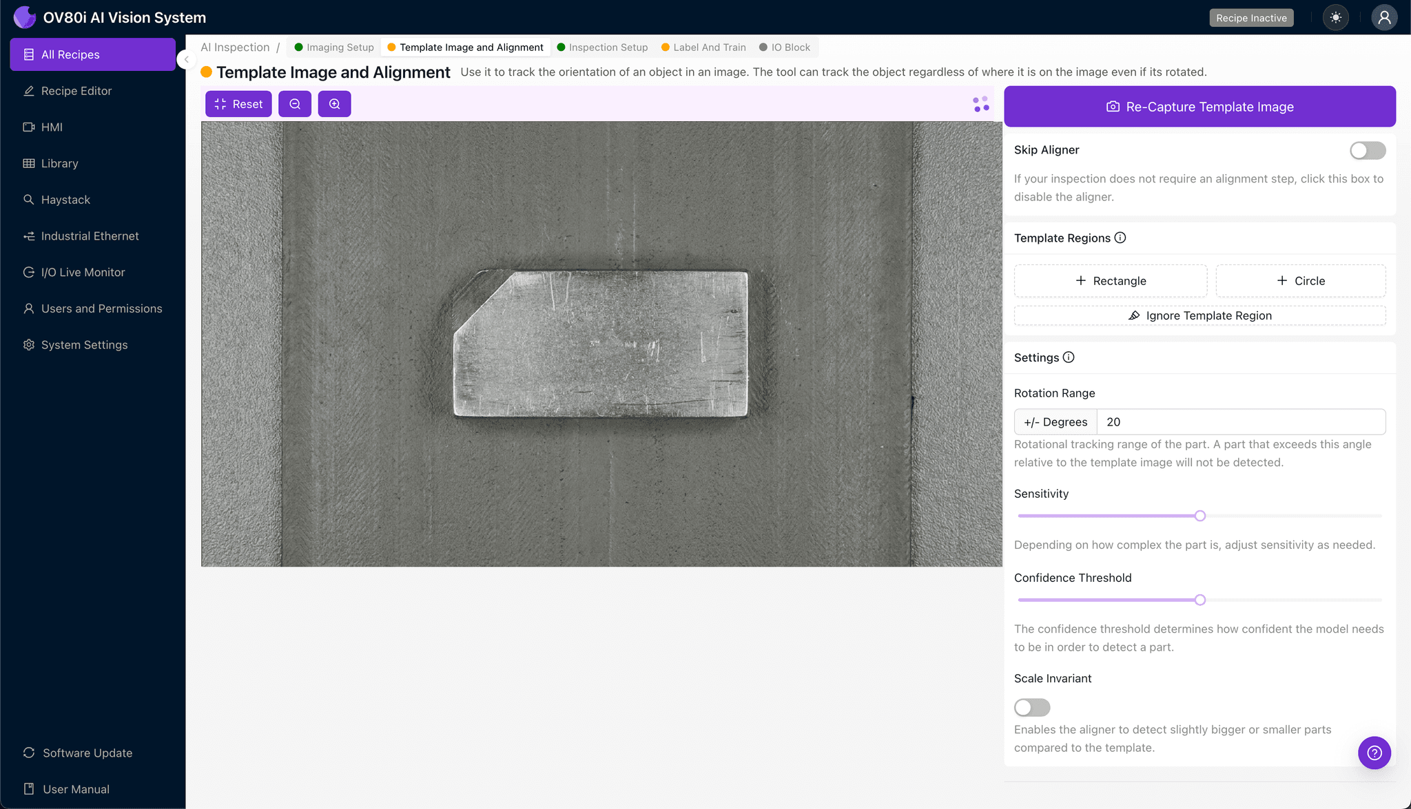 Template alignment configuration for keying feature inspection
