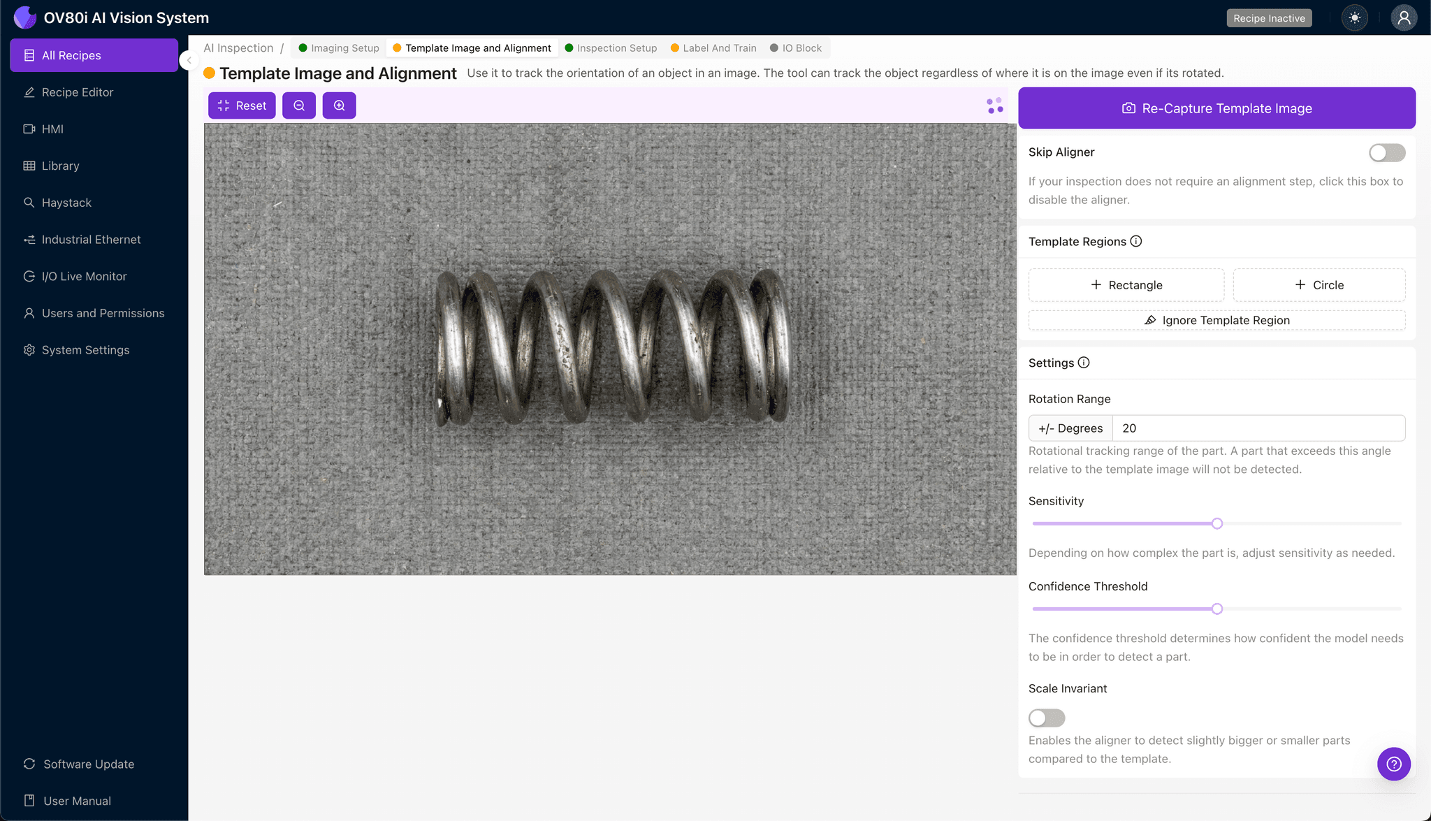 Setting up template alignment for latch spring inspection