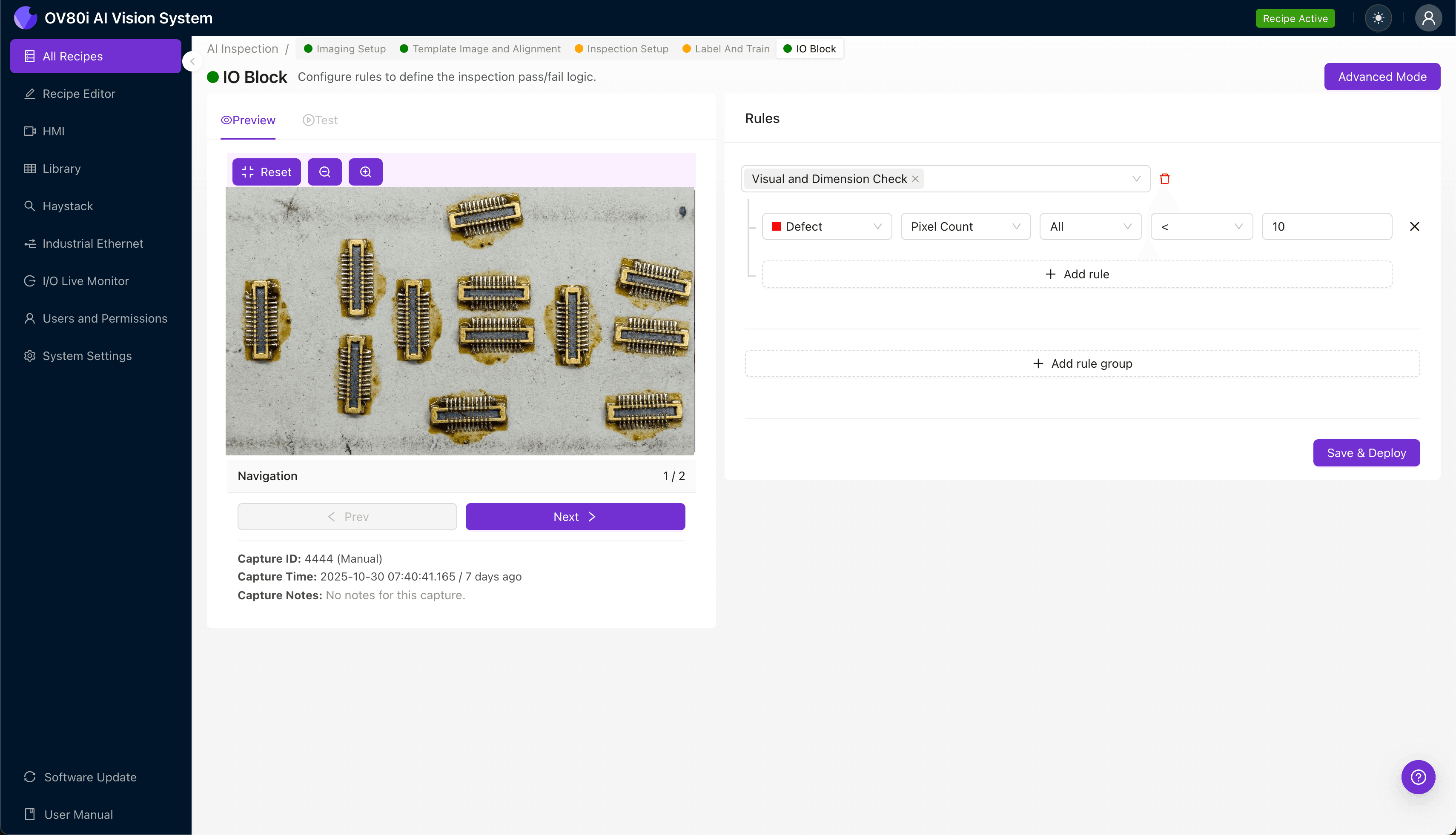 AI-powered visual inspection detecting flux residue on mezzanine connector contacts