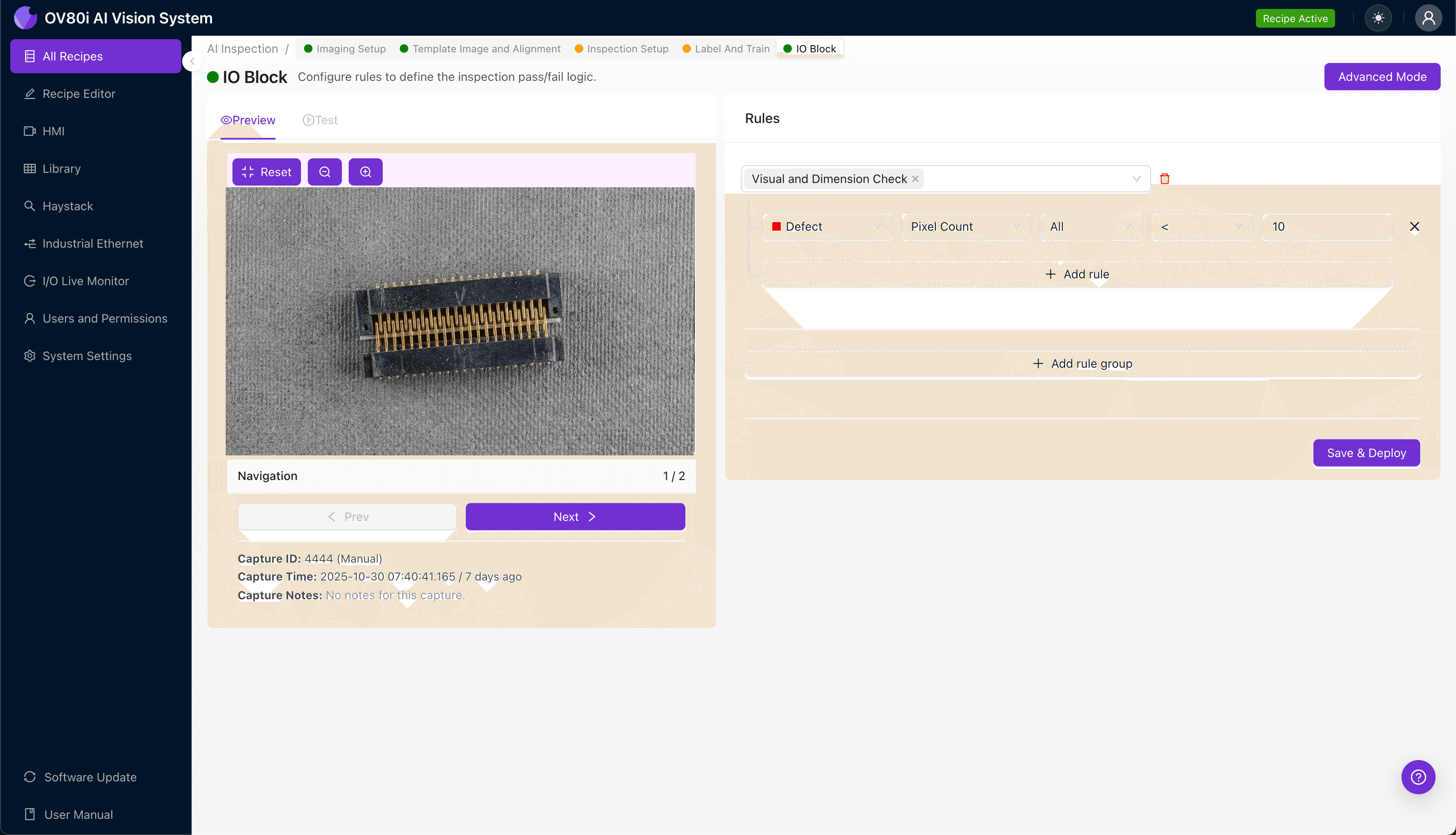 AI-powered inspection system analyzing mezzanine stack connector with tilted mating angle