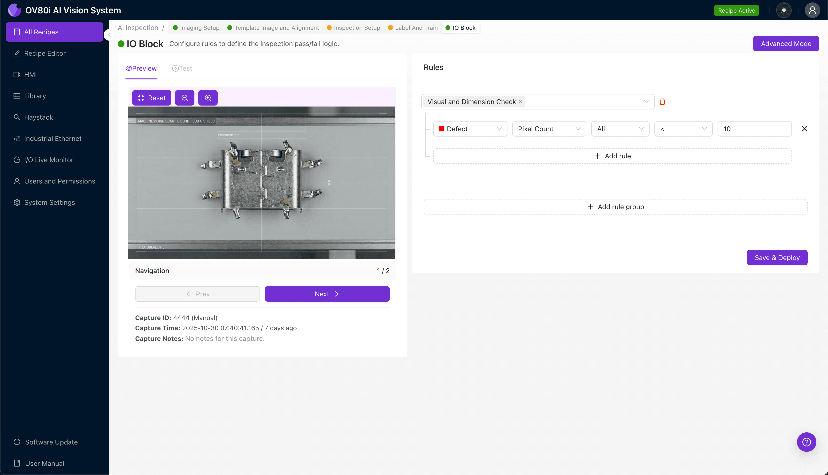 AI-powered inspection interface showing Micro-USB/C shield retention tab analysis