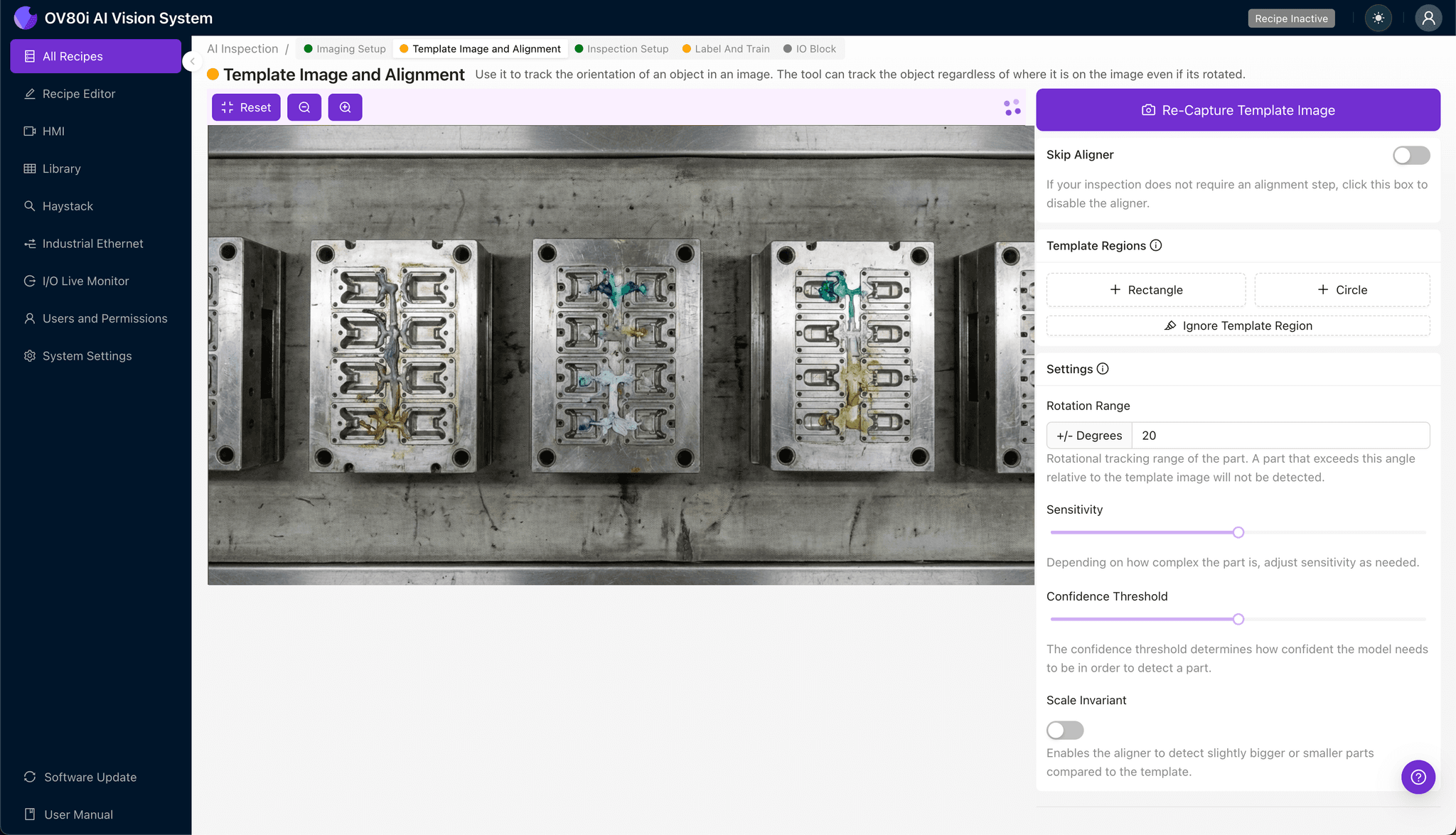 注射成型零件的模板图像对齐配置