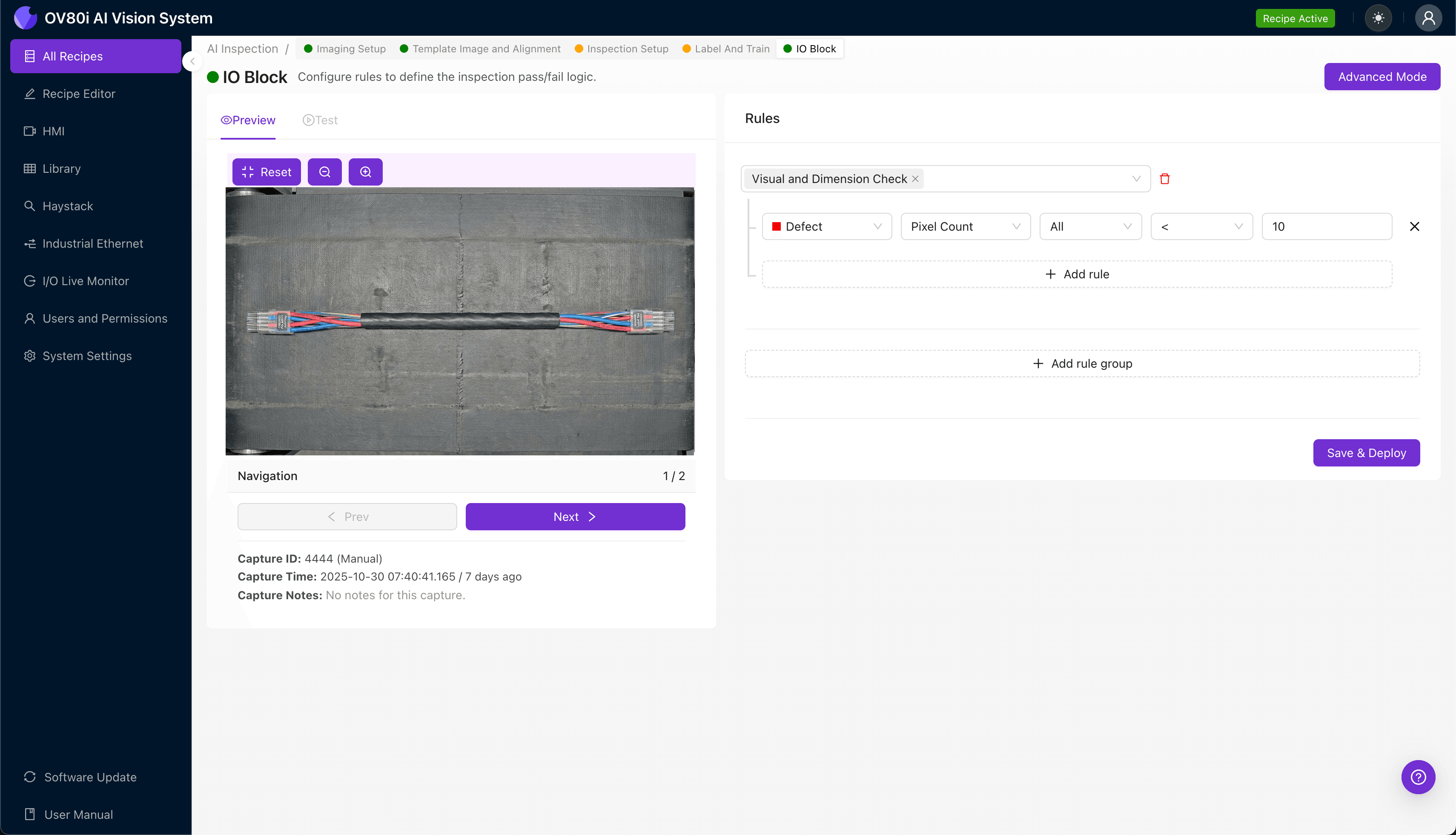 Overview.ai inspecting multi-fiber cable connector with crossed polarity mapping showing fiber array positions
