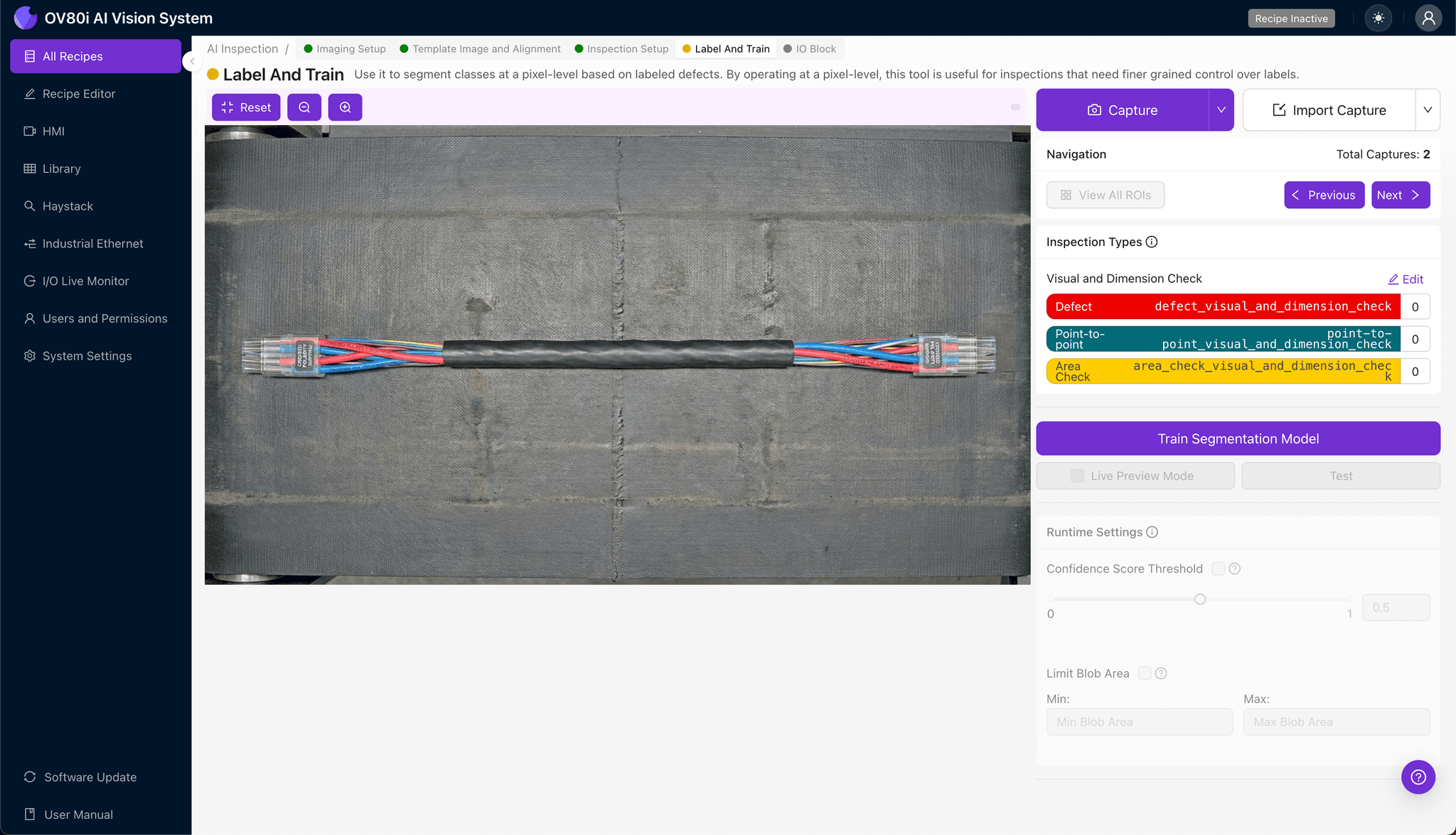 Rules configuration panel showing pass/fail criteria for fiber position mapping and end face quality inspection