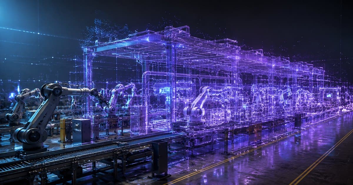 Un modelo del mundo holográfico de una planta de producción en estructura violeta sobre brazos robóticos reales en una línea