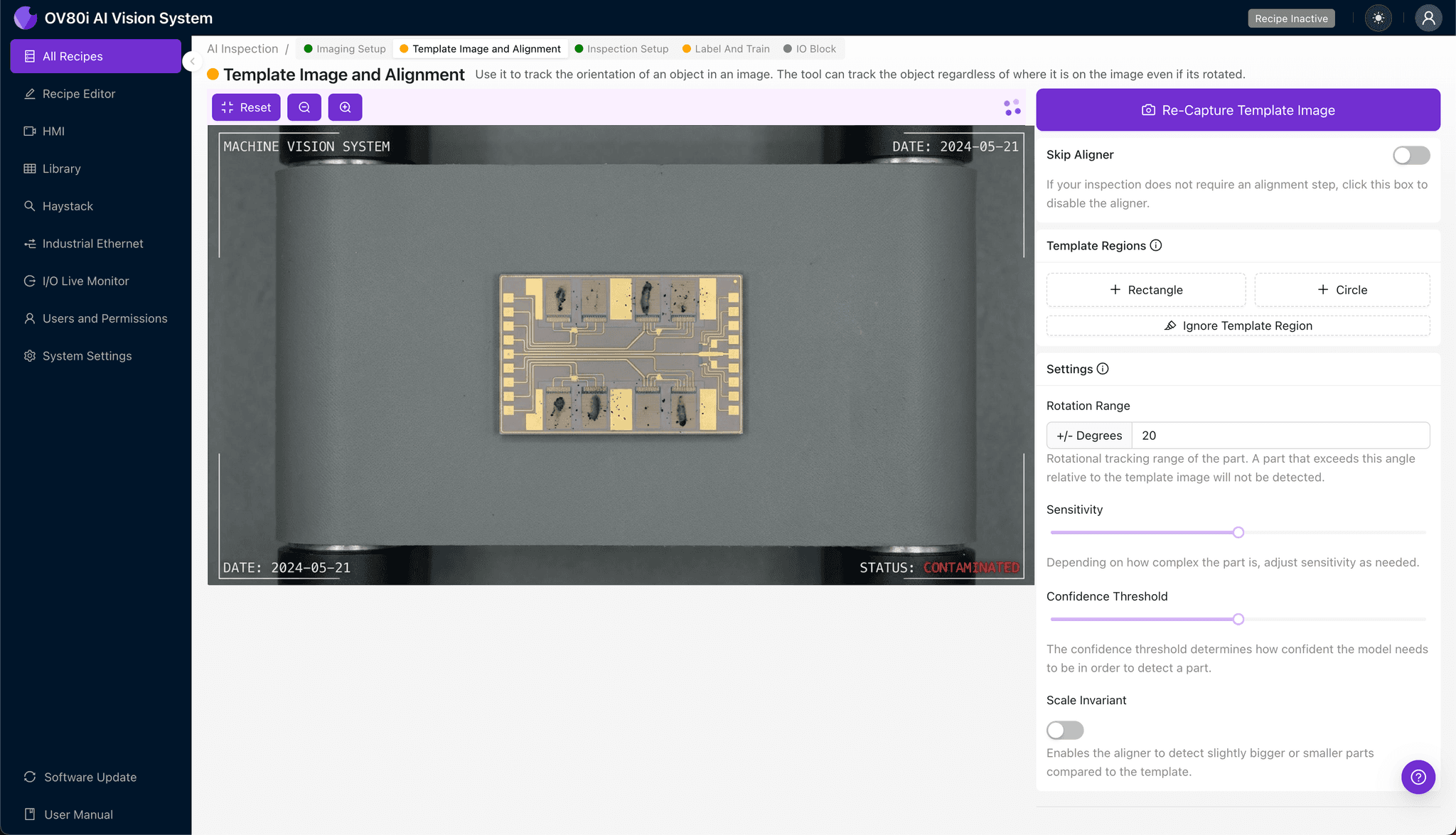 Setting up template alignment for PIC inspection