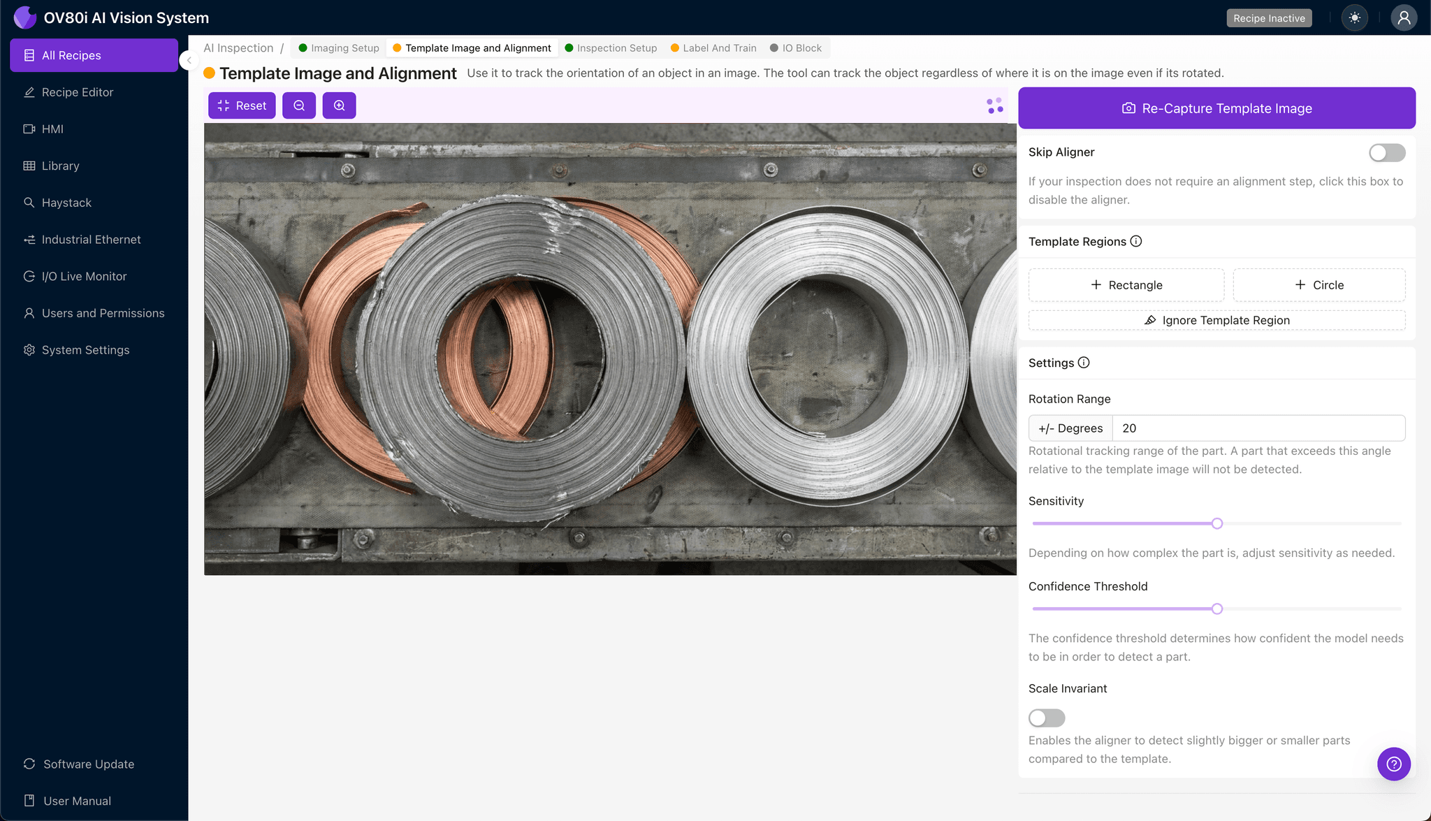 Template image alignment for coil edge baseline comparison
