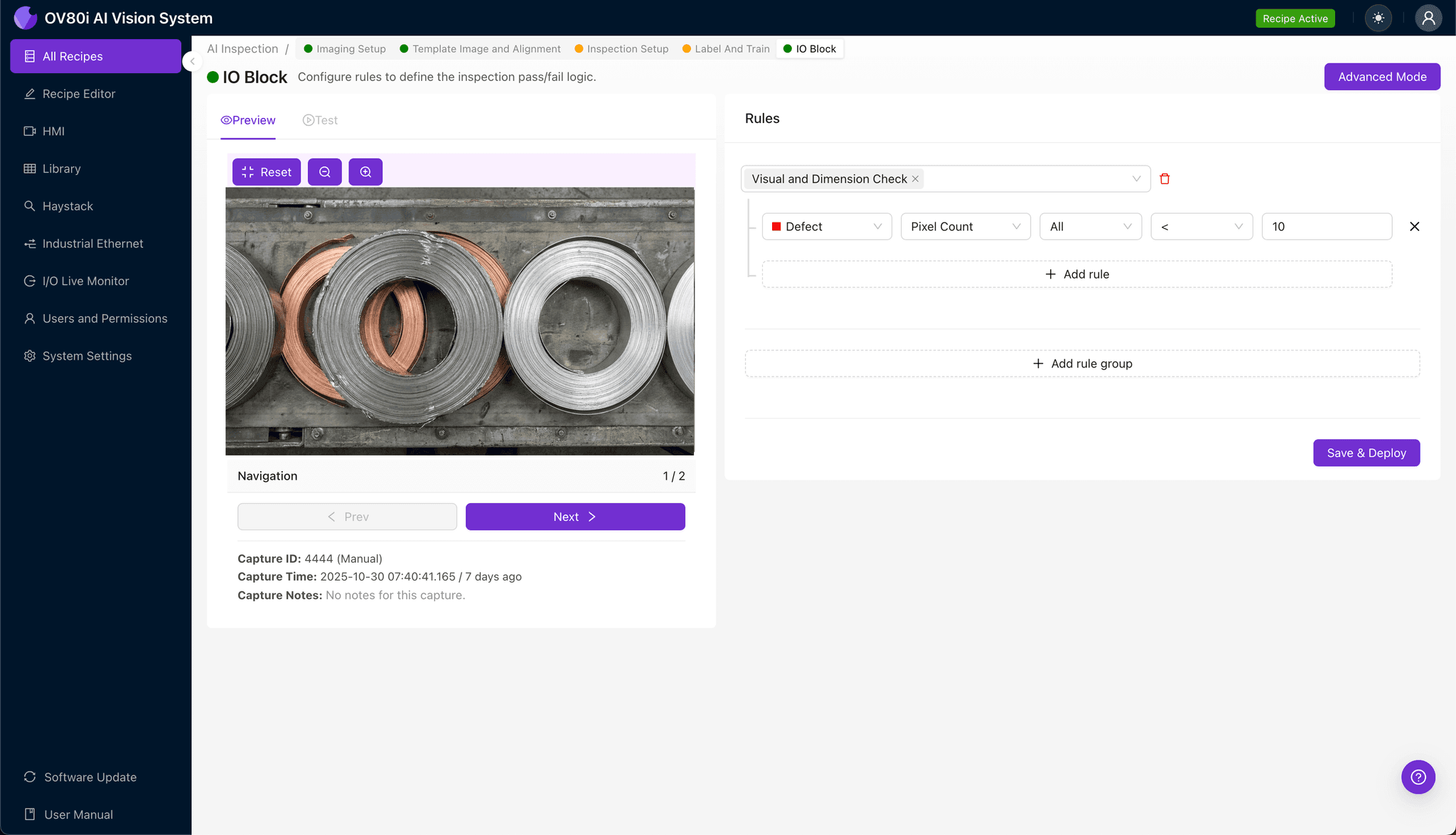 Defining inspection regions for edge damage detection on metal coils