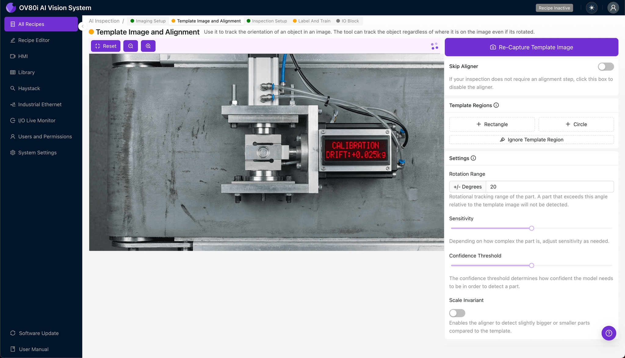 Setting up template image alignment for servo-press part inspection