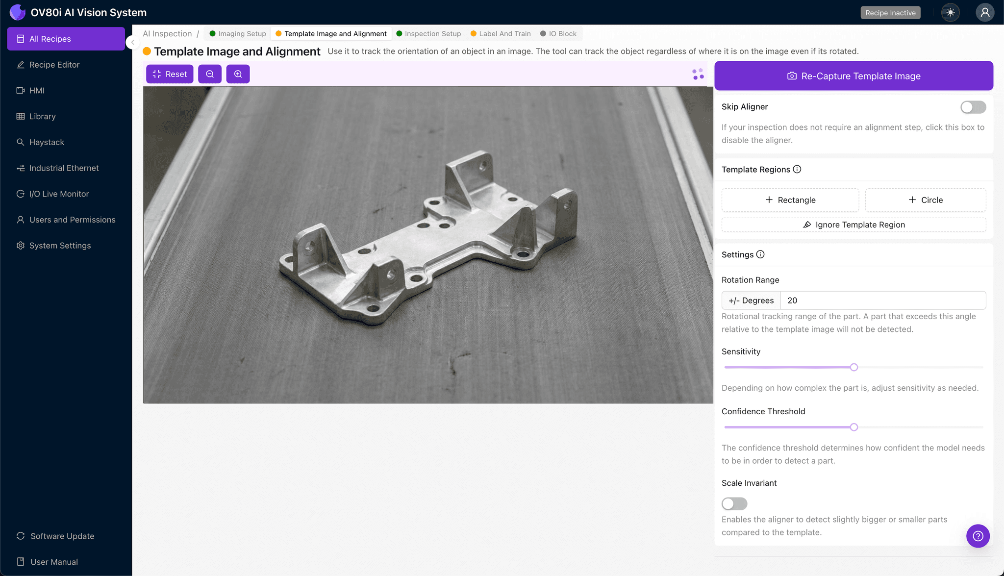Template image alignment for stiffener bracket with rotation range settings