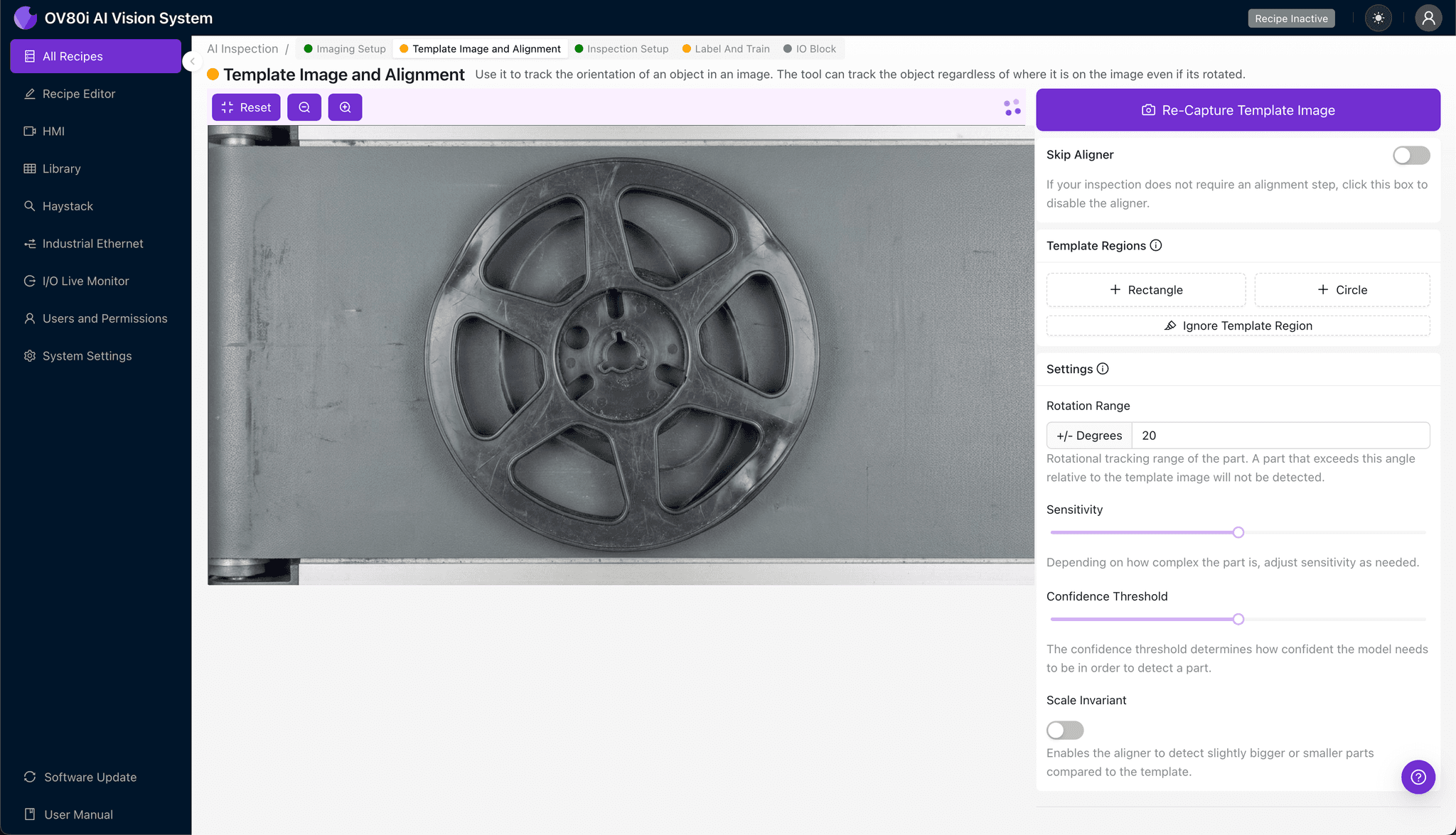 Template image alignment for tape-and-reel spool inspection