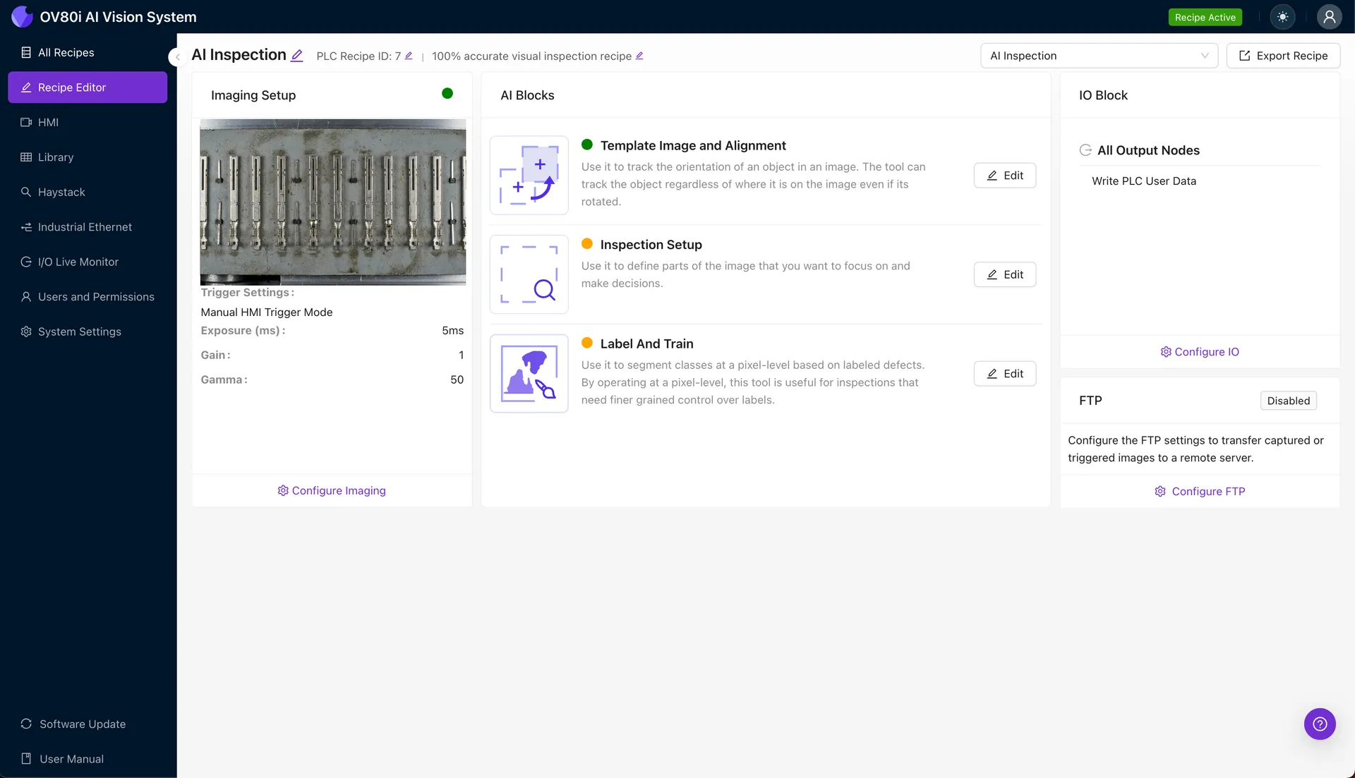 Configuración de imagen para inspección visual de pines de terminal